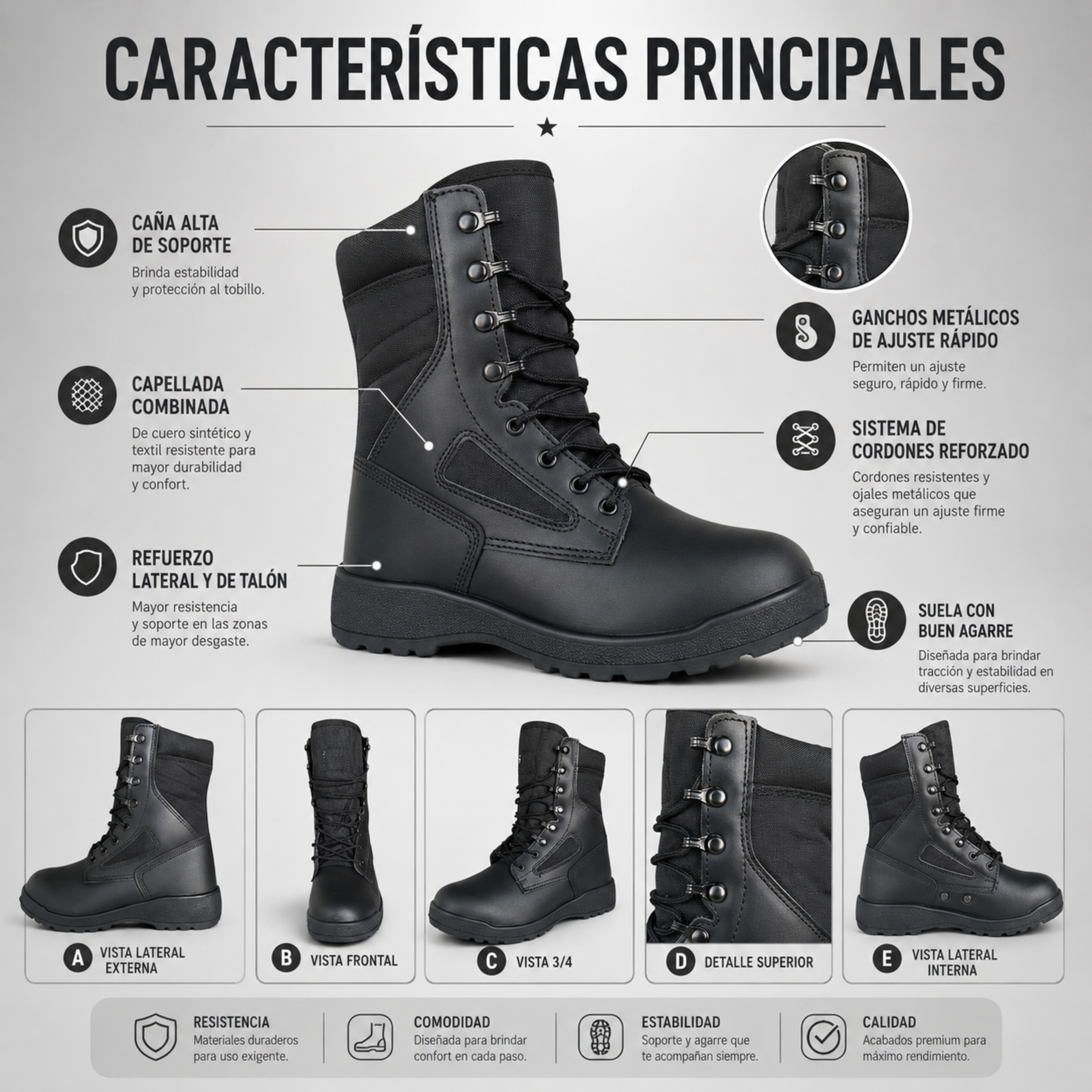 Botas Militares Tácticas Caña Alta Negras | Comandos Tácticos