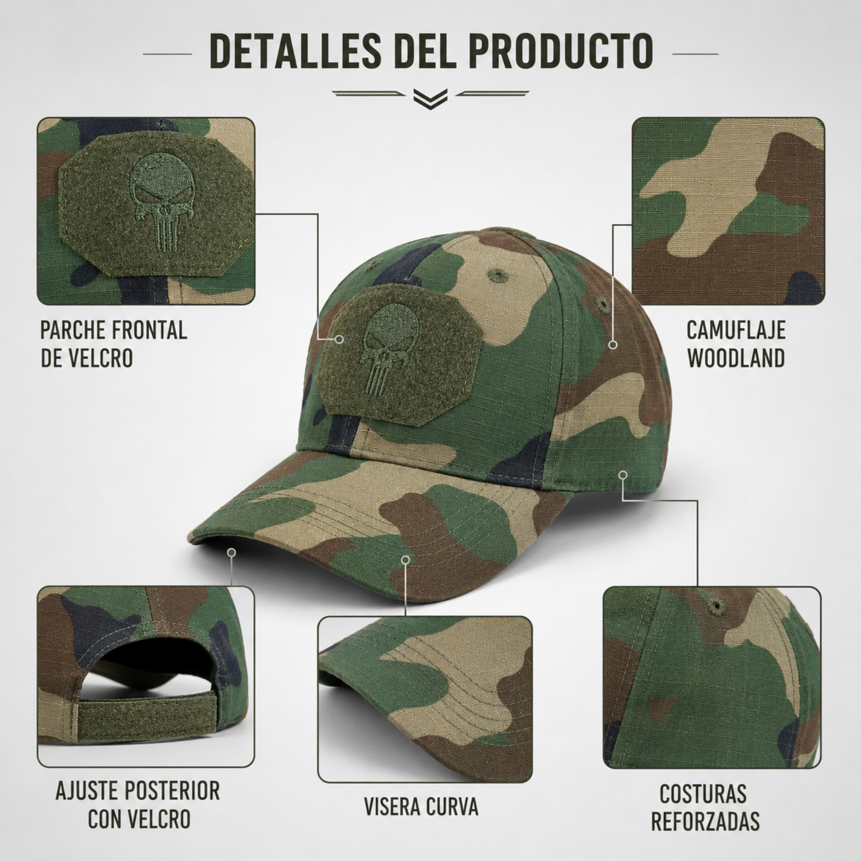 Jockey Táctico Camuflaje Woodland con Velcro | Comandos Tácticos