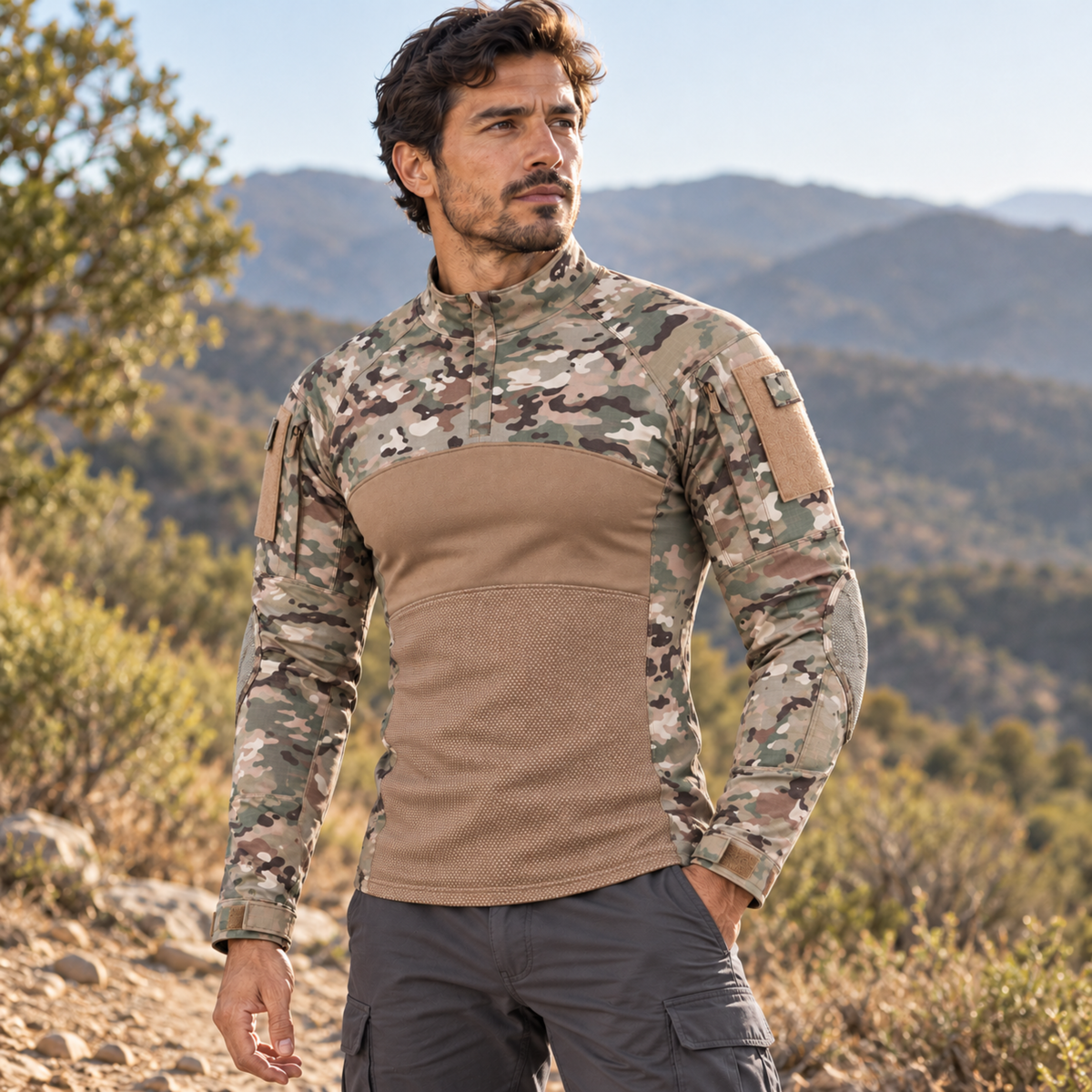 Polera Tactica ESDY Manga Larga — Ripstop, Bolsillos y Ventilacion Outdoor — Multicam