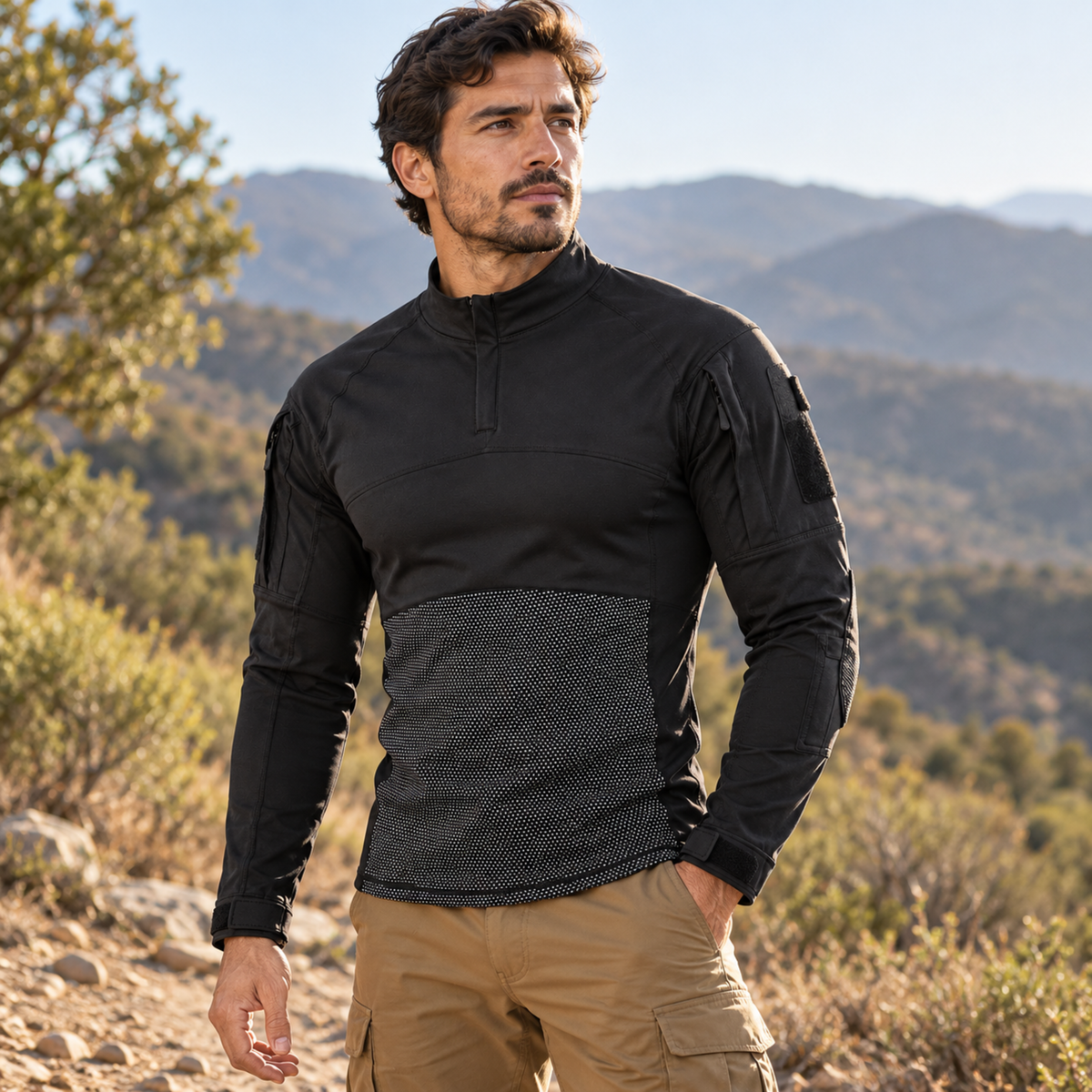Polera Tactica ESDY Manga Larga — Ripstop, Bolsillos y Ventilacion Outdoor — Negro