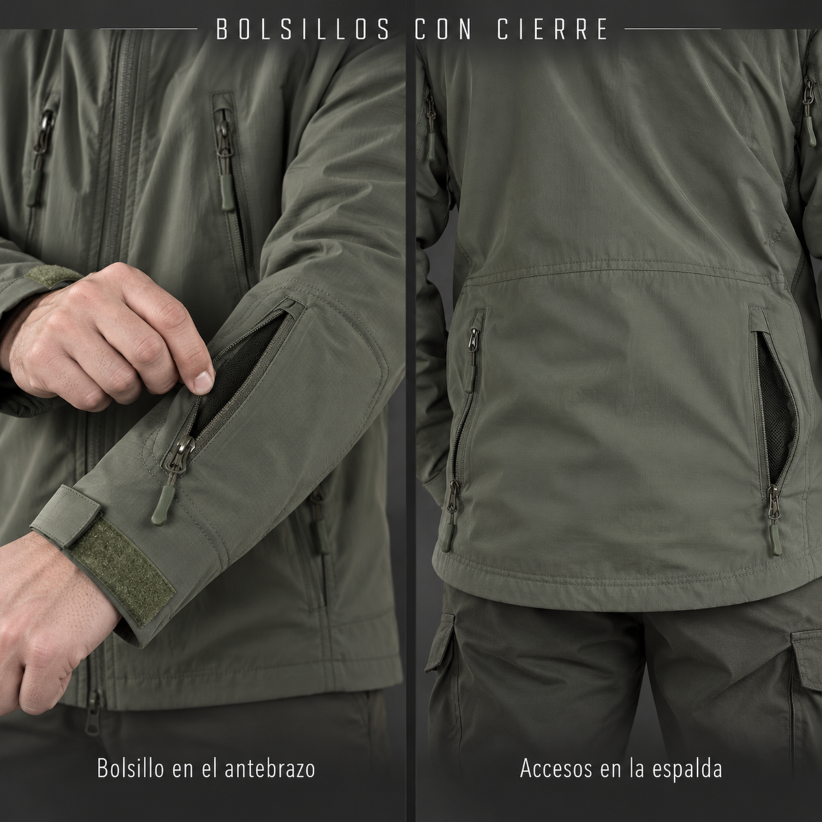 Cortaviento Outdoor ESDY — Capucha Guardable, Multibolsillos y Repelente al Agua — Verde