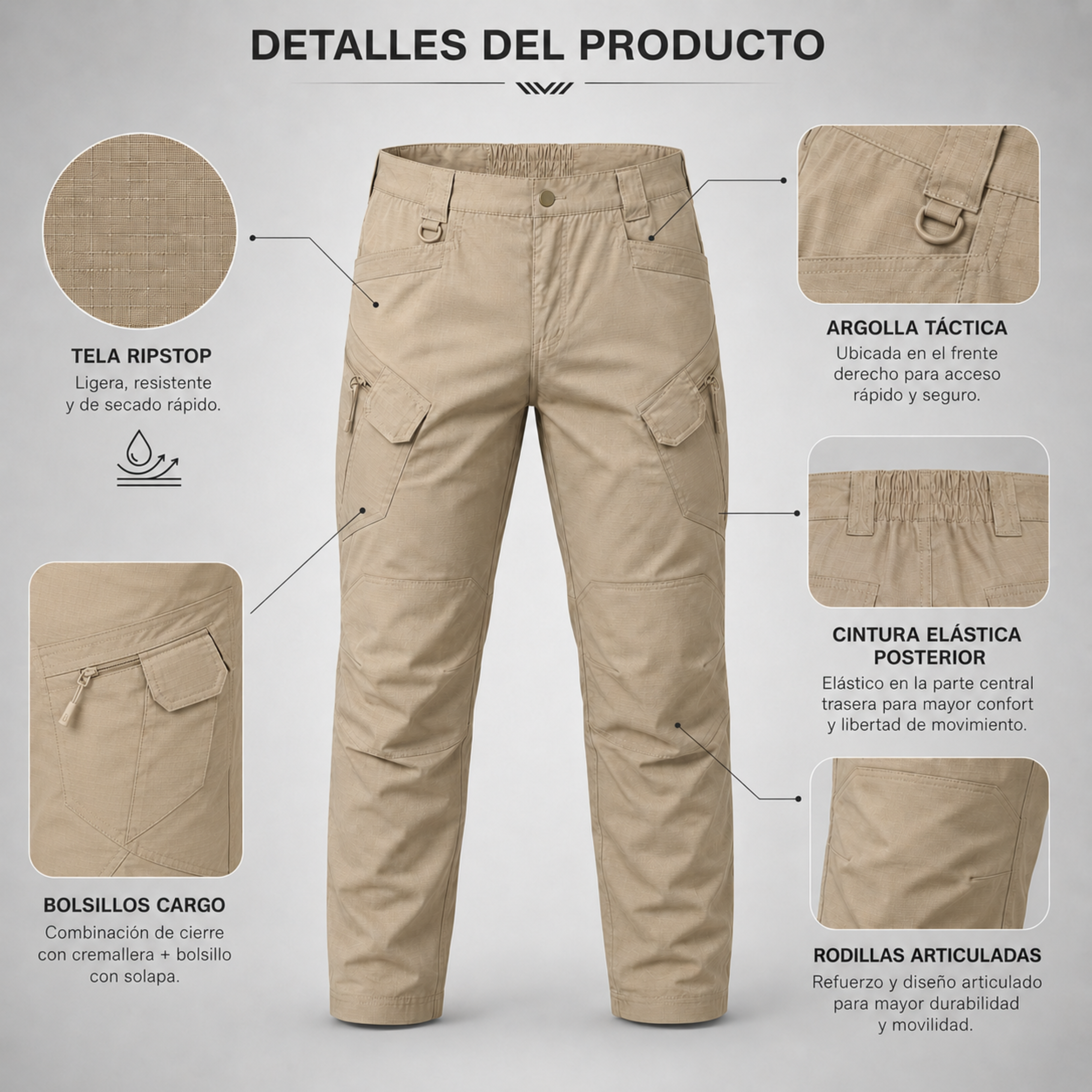 Pantalón Táctico Cargo Caqui Ripstop Resistente | Comandos Tácticos