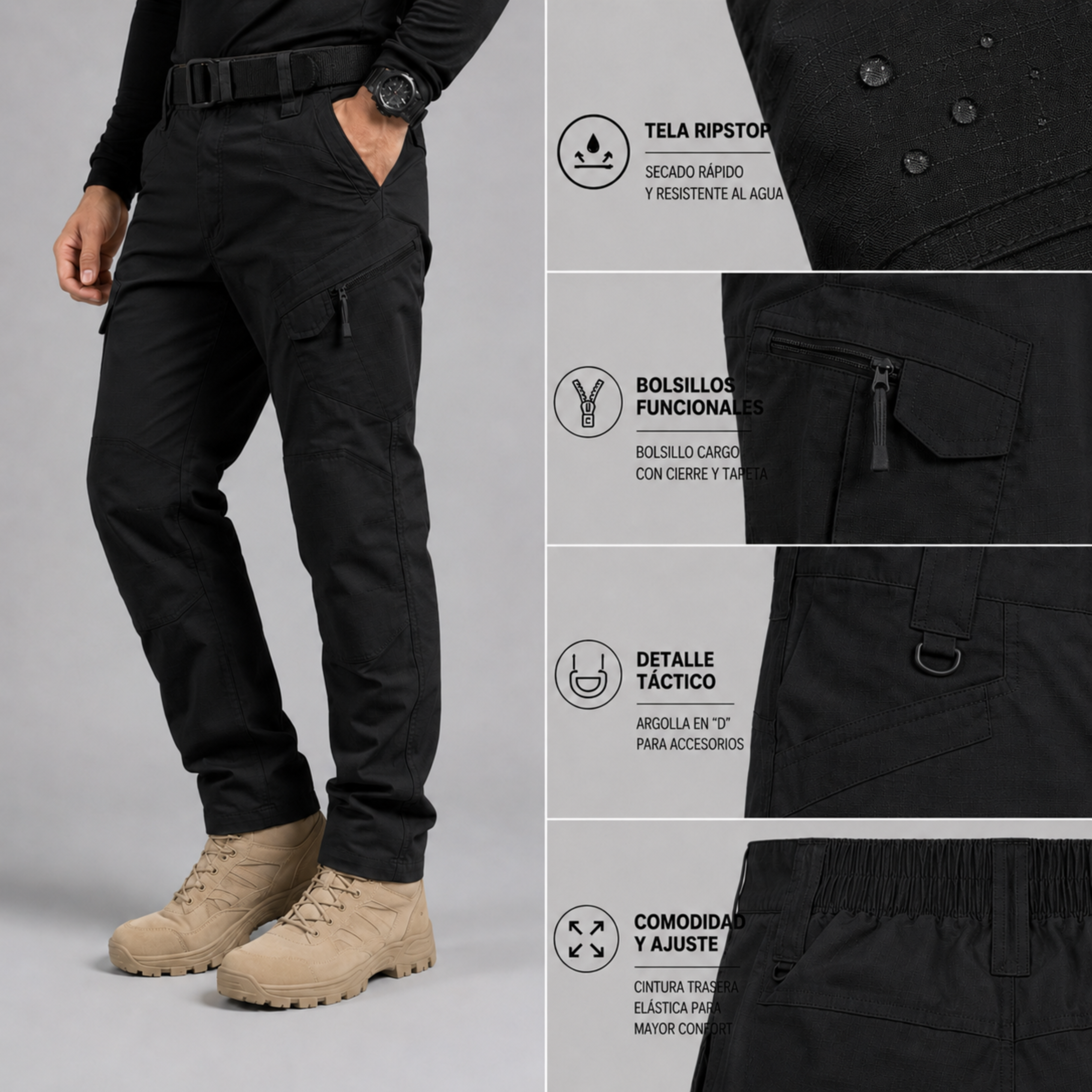 Pantalón Táctico Cargo Negro Ripstop Resistente | Comandos Tácticos
