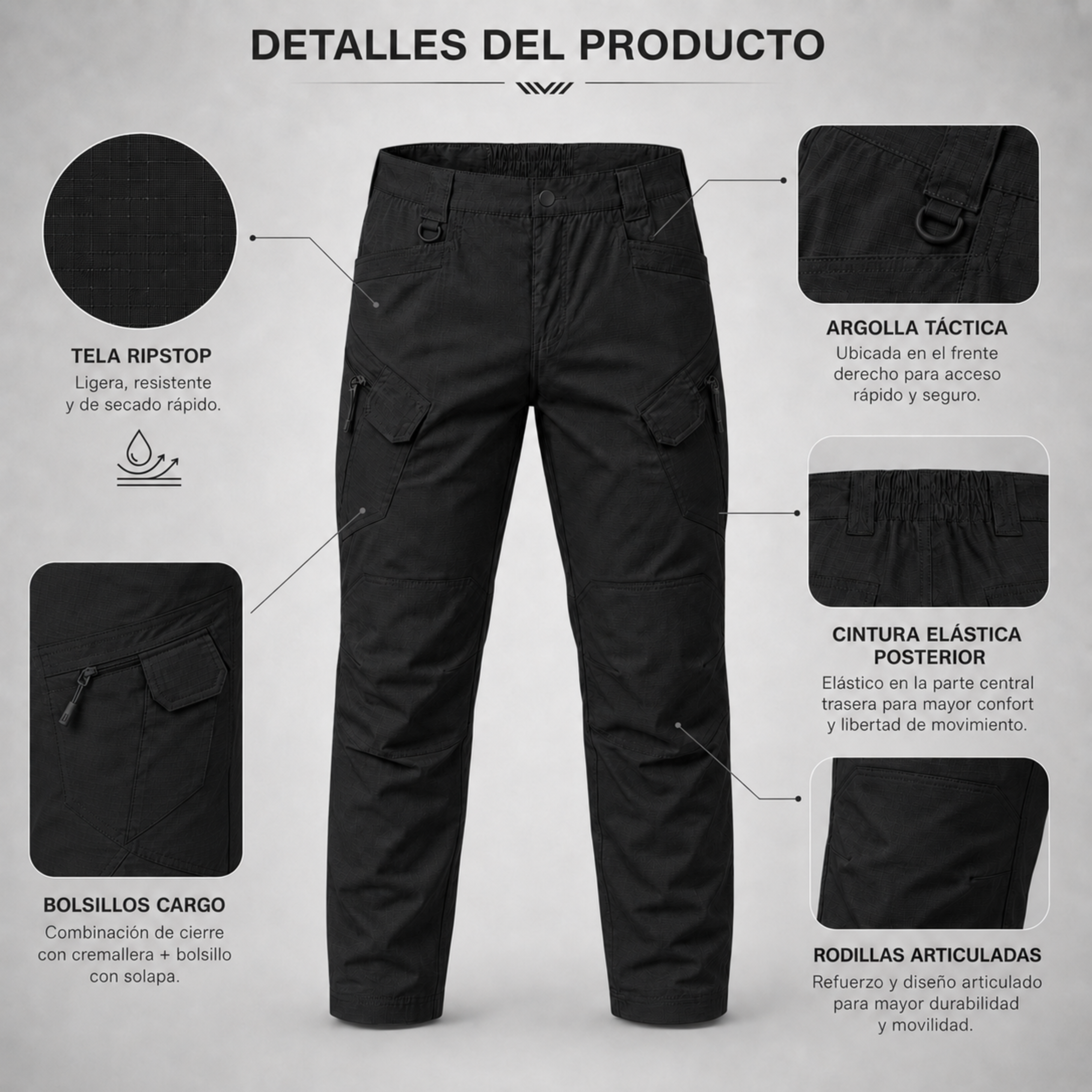 Pantalón Táctico Cargo Negro Ripstop Resistente | Comandos Tácticos
