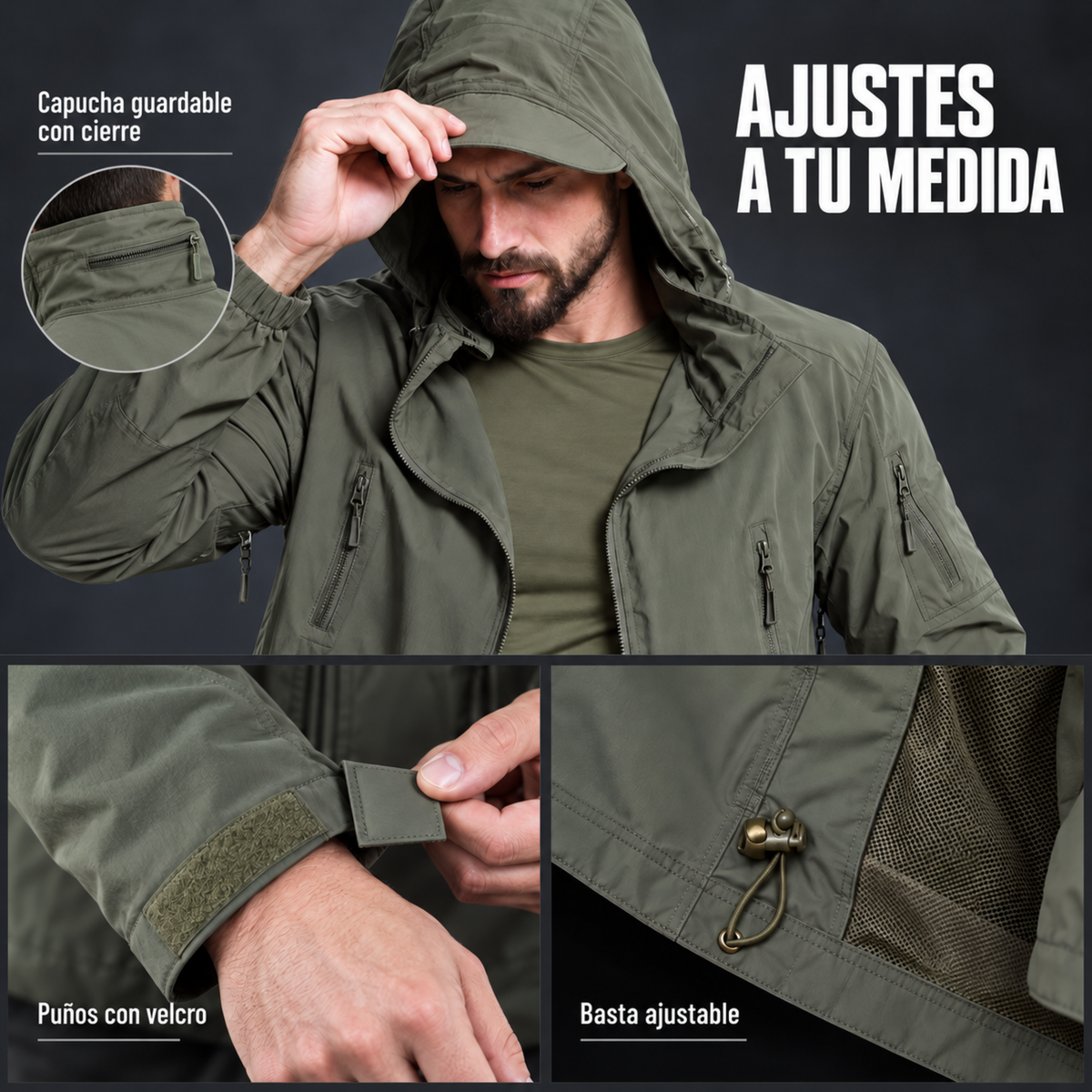 Cortaviento Outdoor ESDY — Capucha Guardable, Multibolsillos y Repelente al Agua — Verde