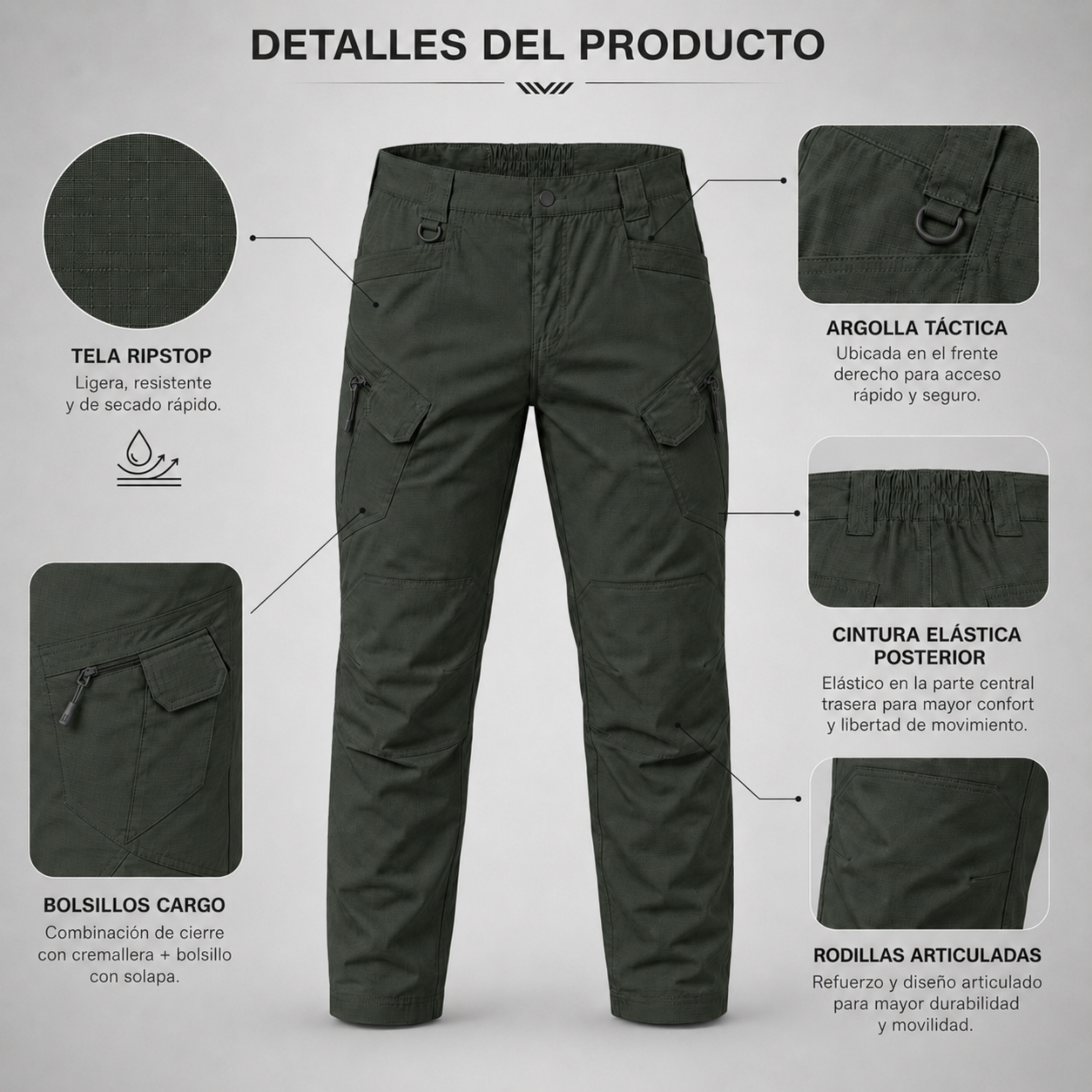 Pantalón Táctico Cargo Verde Oliva Ripstop | Comandos Tácticos