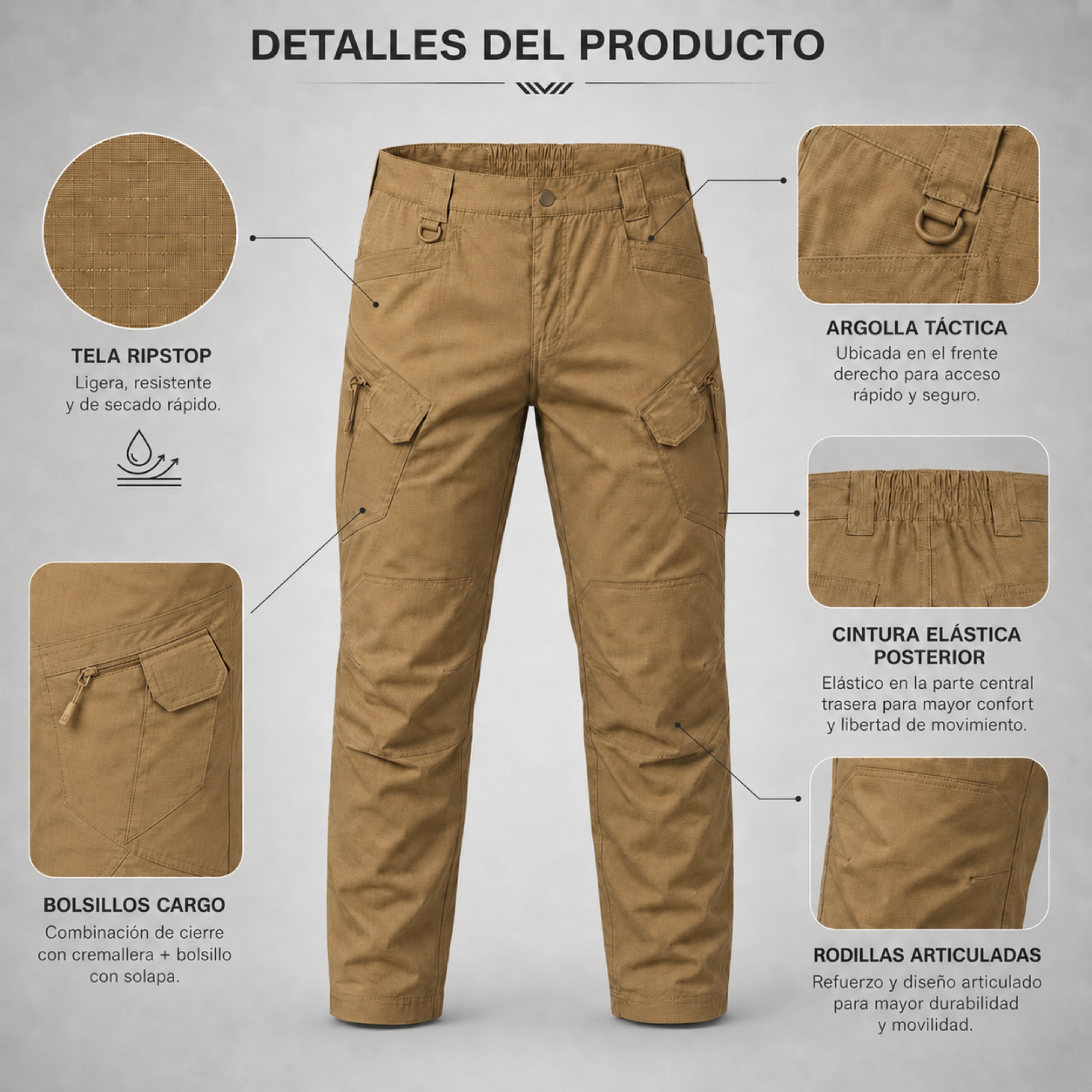 Pantalón Táctico Cargo Coyote Ripstop | Comandos Tácticos