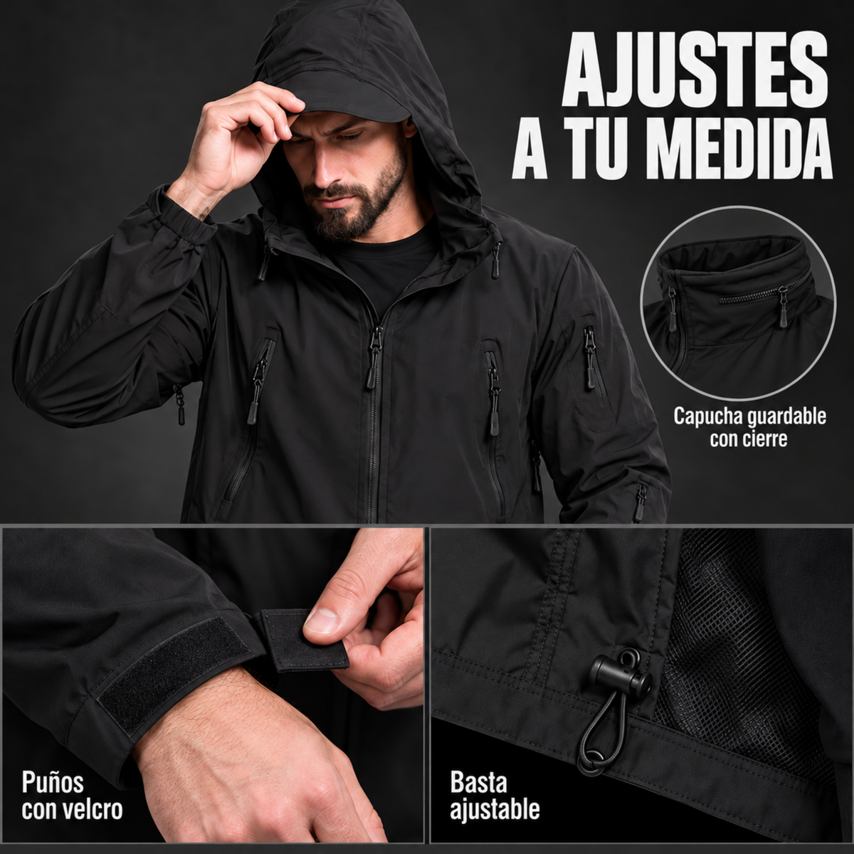 Cortaviento Outdoor ESDY — Capucha Guardable, Multibolsillos y Repelente al Agua - Negro
