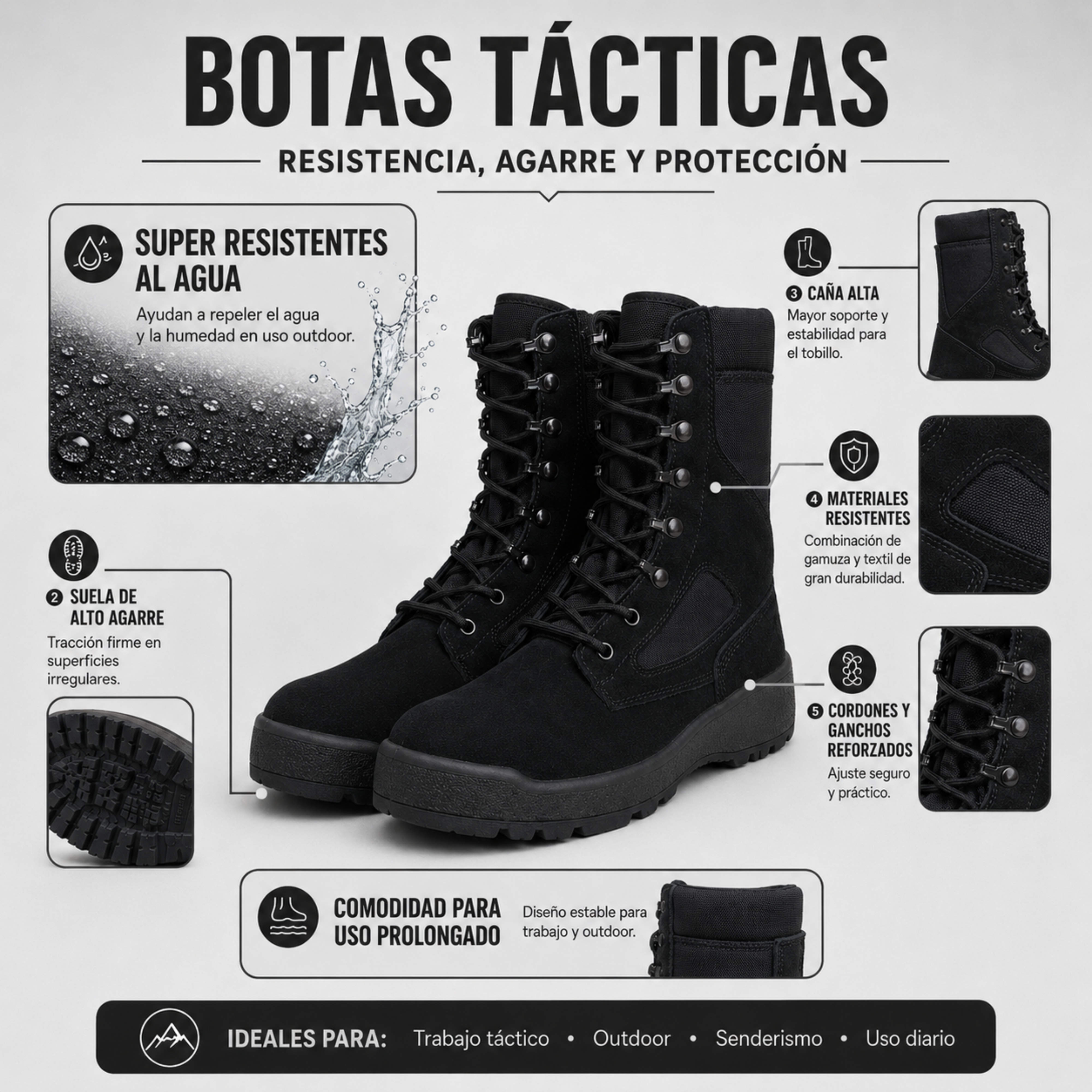 Bota Táctica Militar Caña Alta Resistente al Agua | Comandos Tácticos