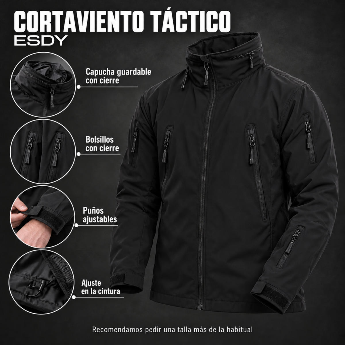Cortaviento Outdoor ESDY — Capucha Guardable, Multibolsillos y Repelente al Agua - Negro