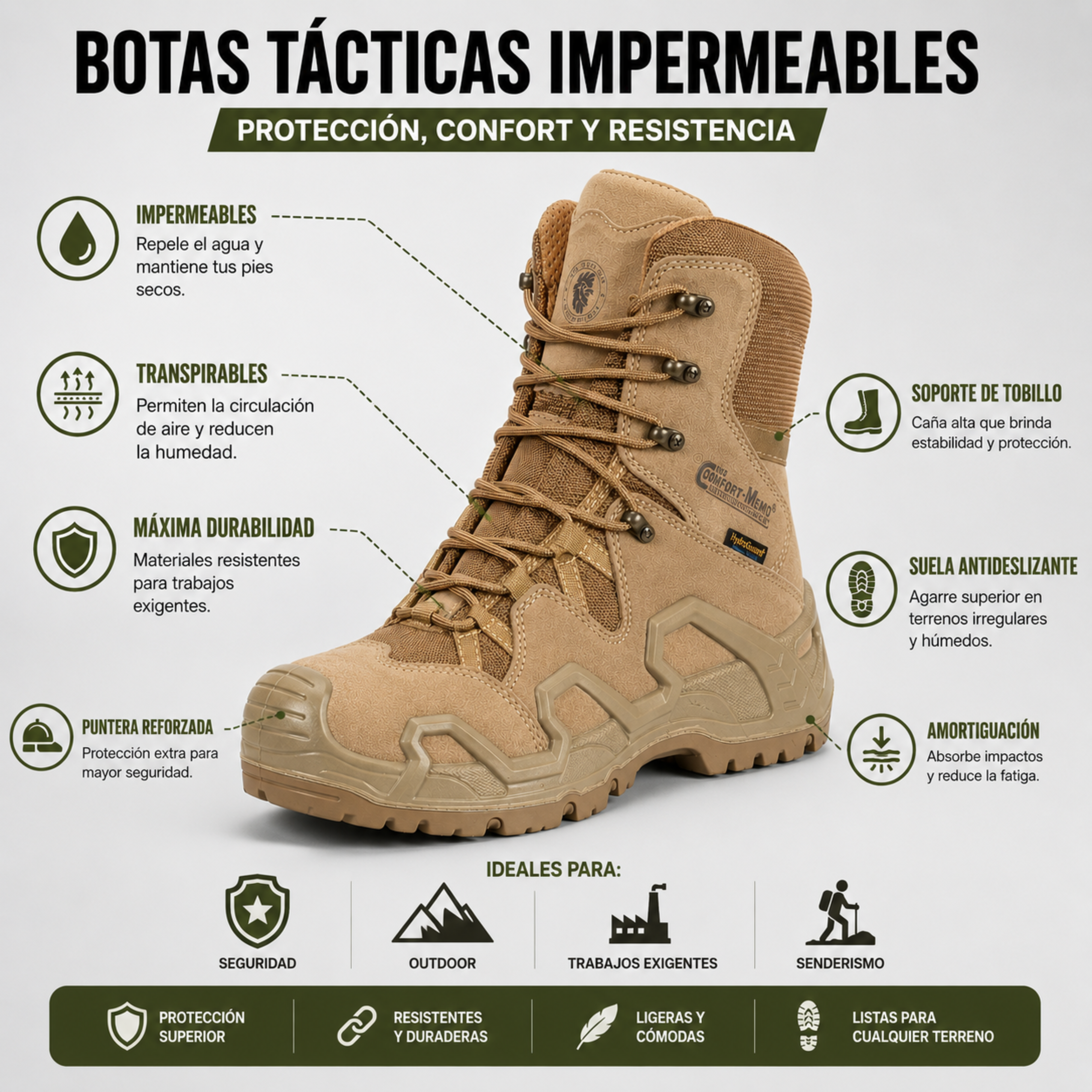 Botas Outdoor Rockrooster Impermeable Caña Alta | Comandos Tácticos