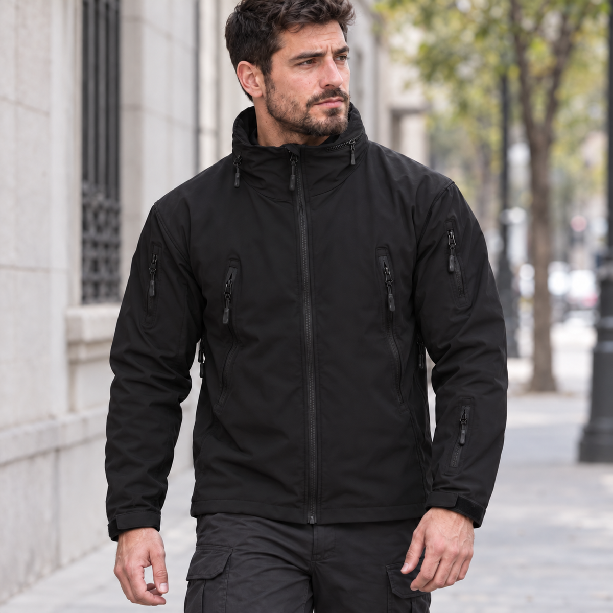 Cortaviento Outdoor ESDY — Capucha Guardable, Multibolsillos y Repelente al Agua - Negro
