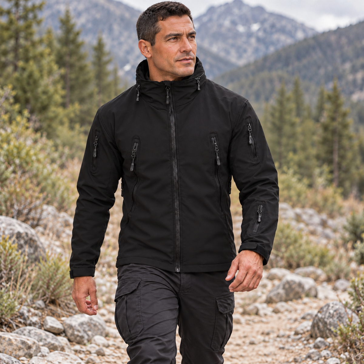 Cortaviento Outdoor ESDY — Capucha Guardable, Multibolsillos y Repelente al Agua - Negro