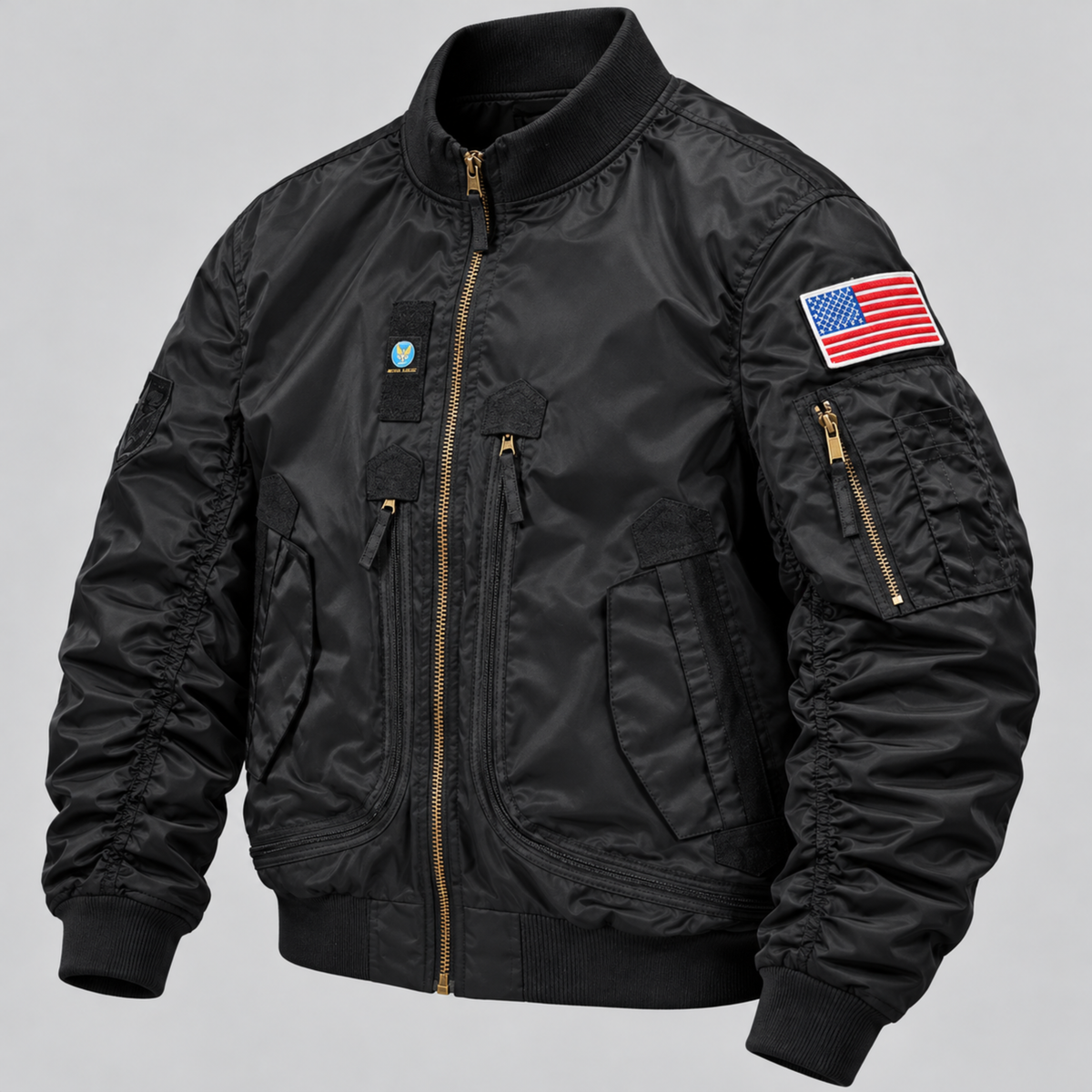 Chaqueta Bomber Hombre — Multibolsillos, Velcro para Parches y Resistente al Agua — Negro