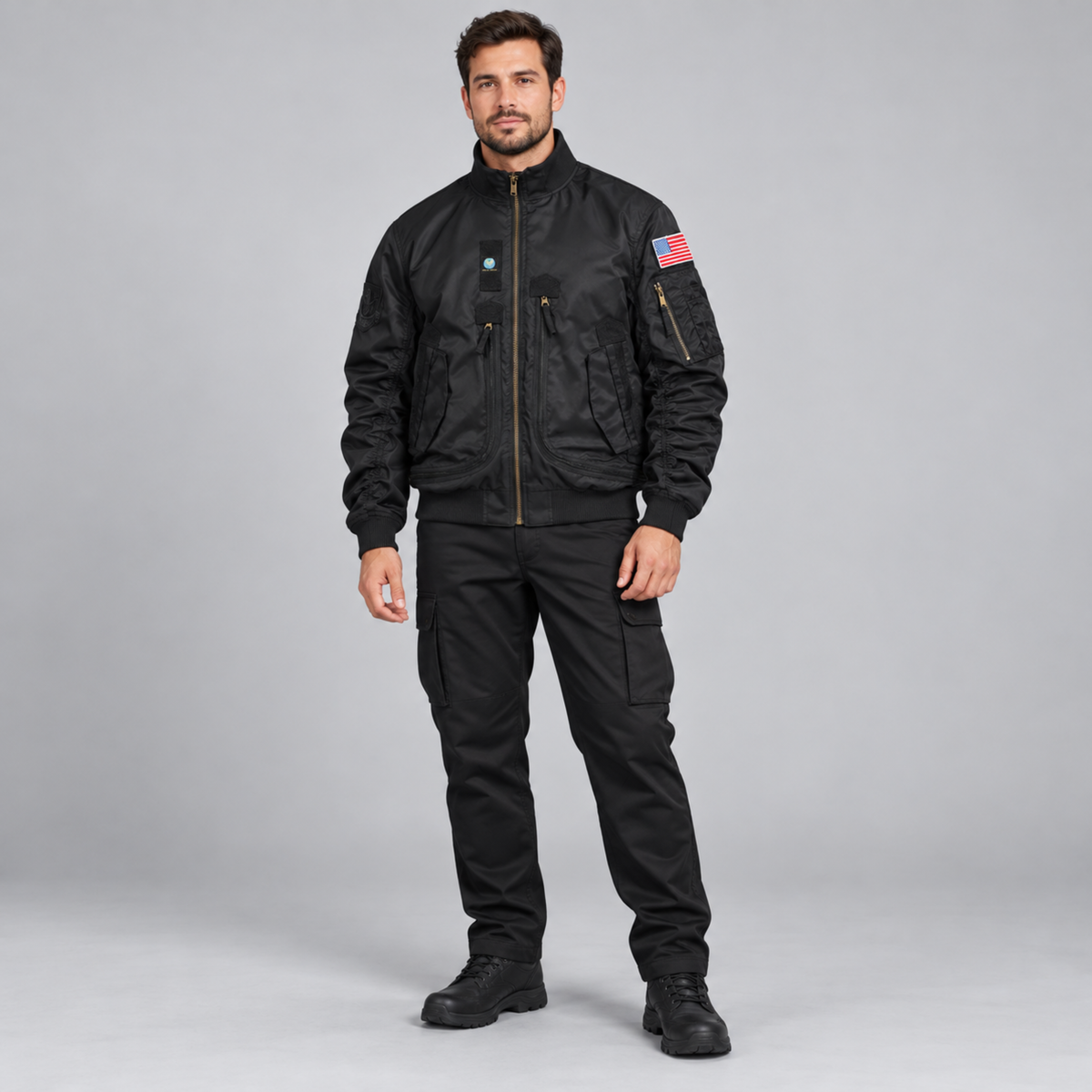 Chaqueta Bomber Hombre — Multibolsillos, Velcro para Parches y Resistente al Agua — Negro