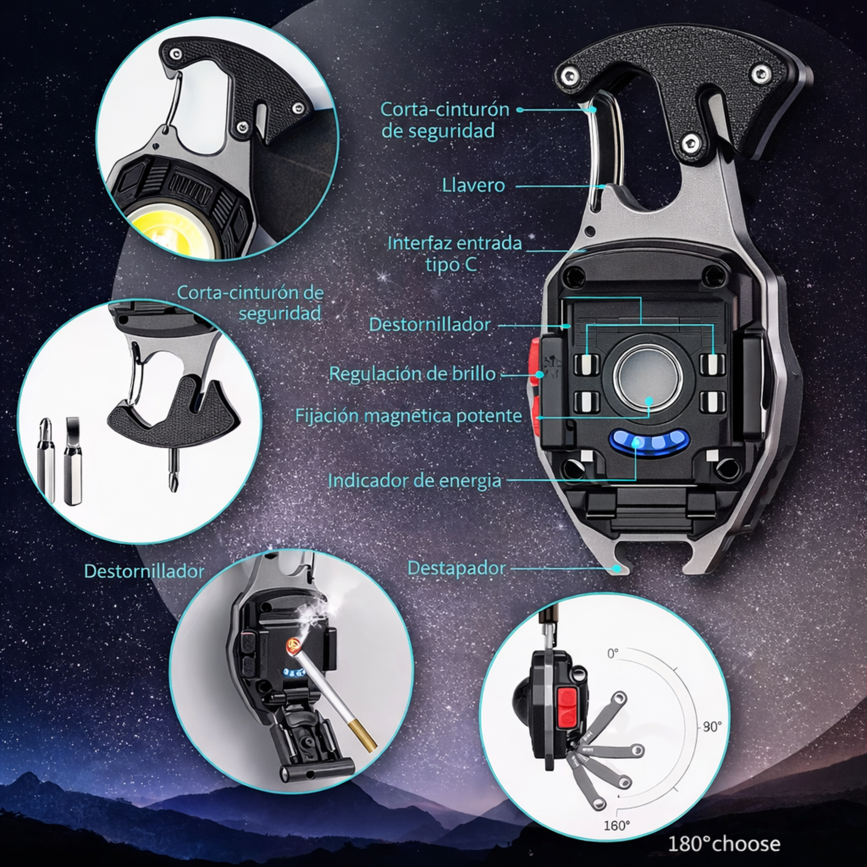 Linterna Táctica LED COB 480LM 6 Modos Magnética USB-C