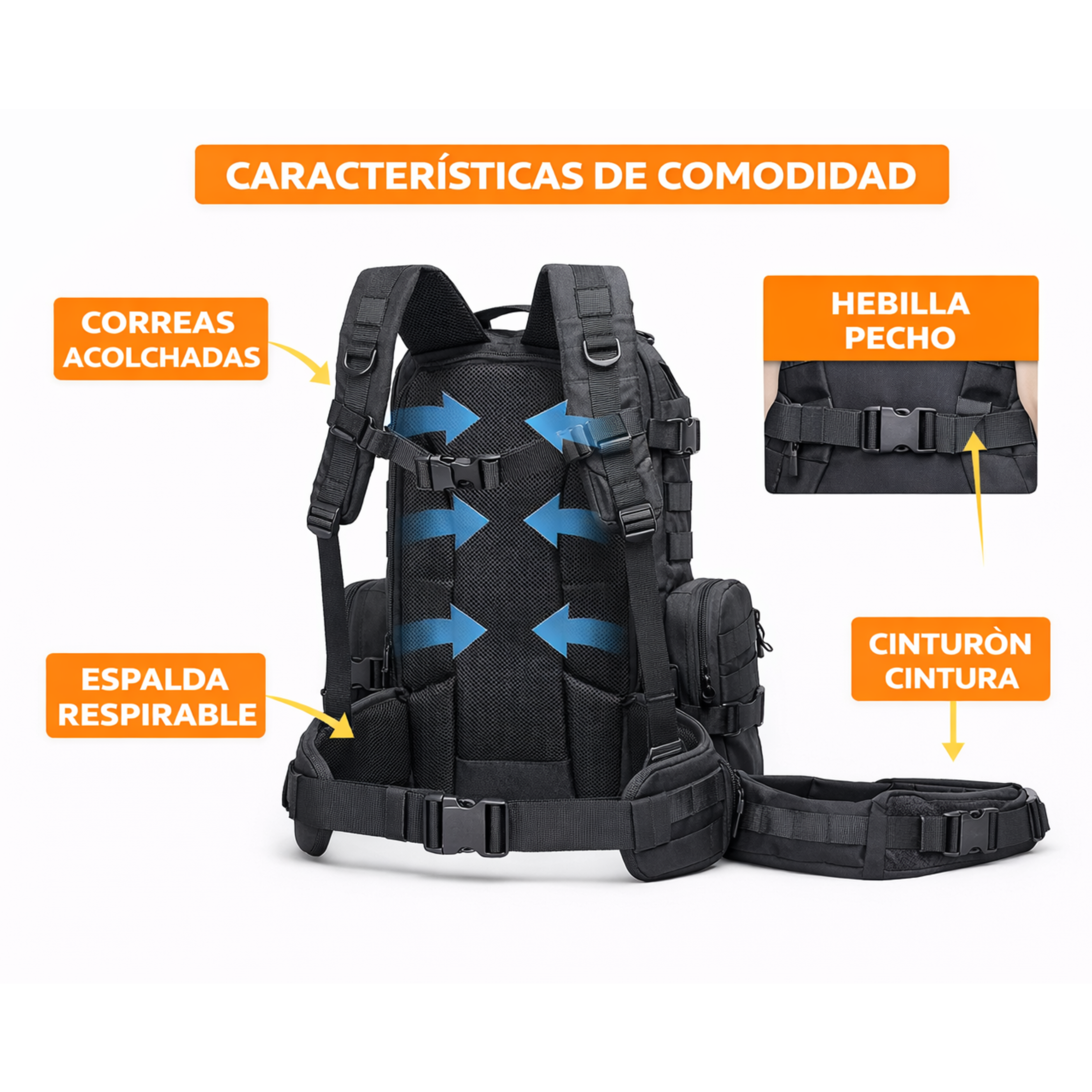 Espalda respirable correas acolchadas mochila táctica confort