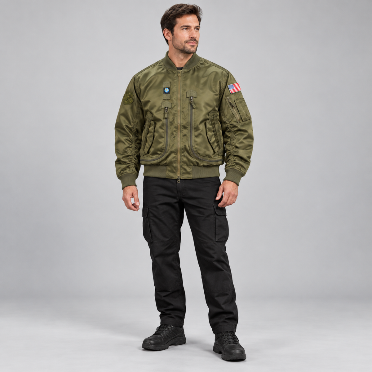 Chaqueta Bomber Hombre — Multibolsillos, Velcro para Parches y Resistente al Agua — Verde
