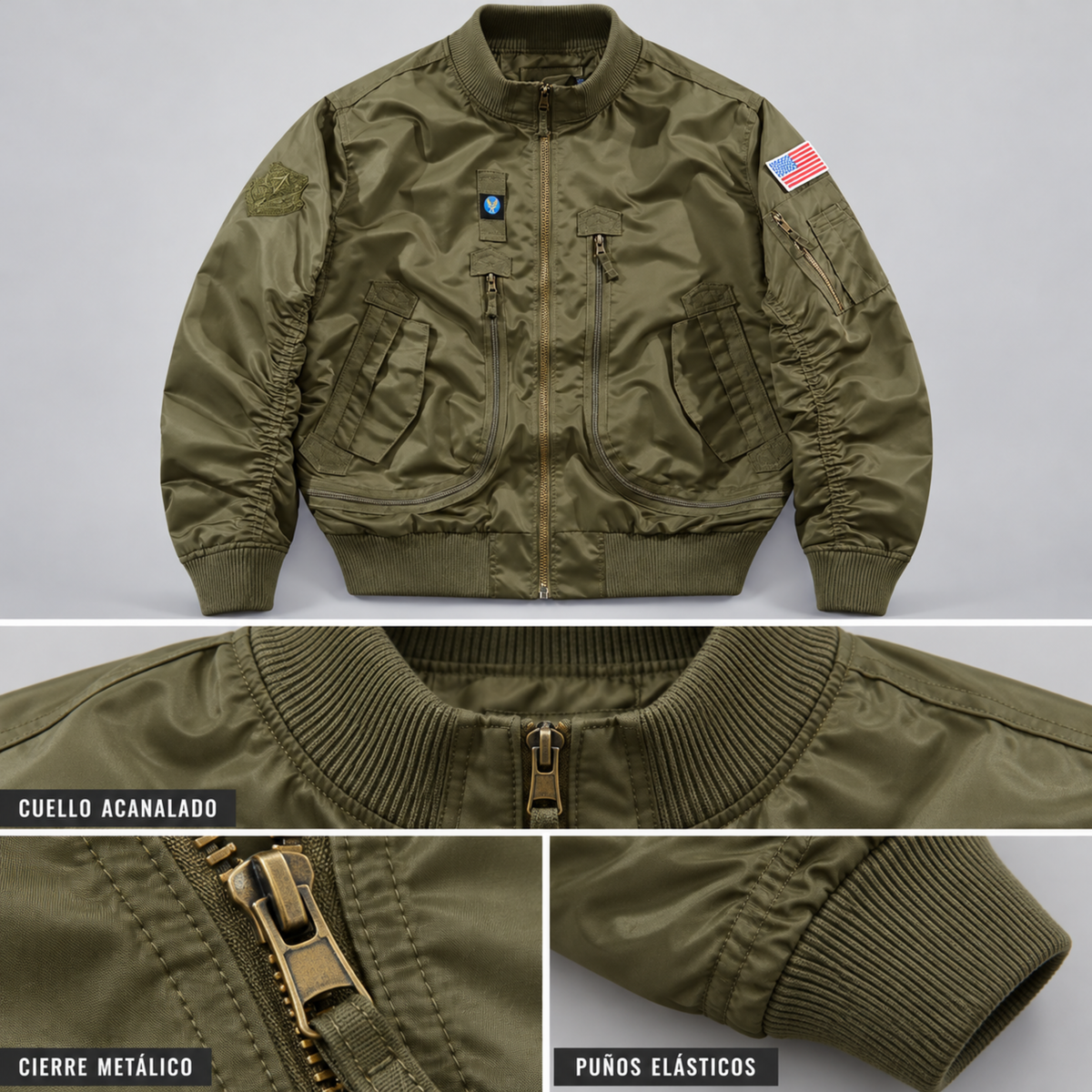 Chaqueta Bomber Hombre — Multibolsillos, Velcro para Parches y Resistente al Agua — Verde