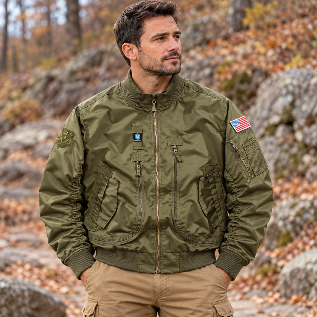 Chaqueta Bomber Hombre — Multibolsillos, Velcro para Parches y Resistente al Agua — Verde