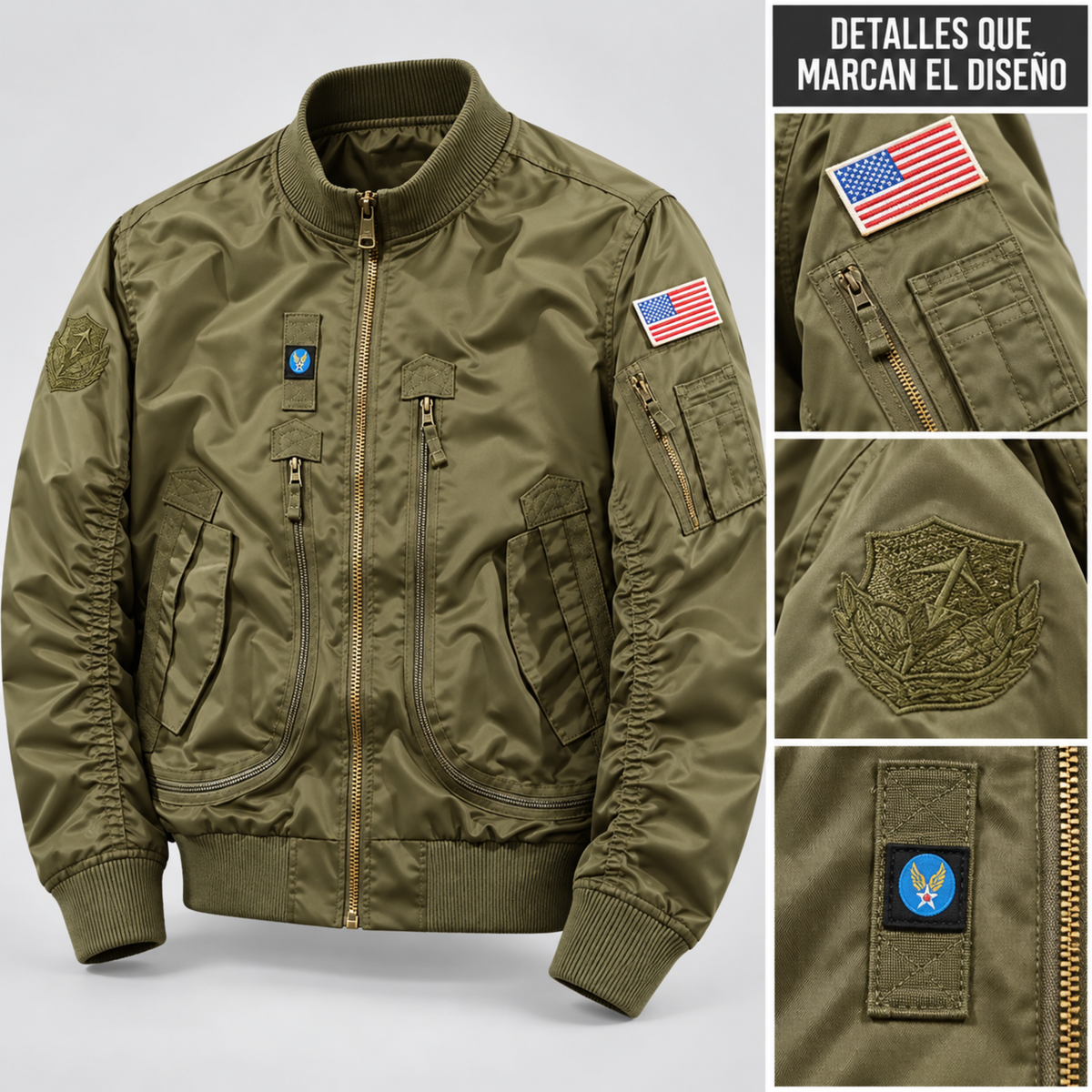 Chaqueta Bomber Hombre — Multibolsillos, Velcro para Parches y Resistente al Agua — Verde