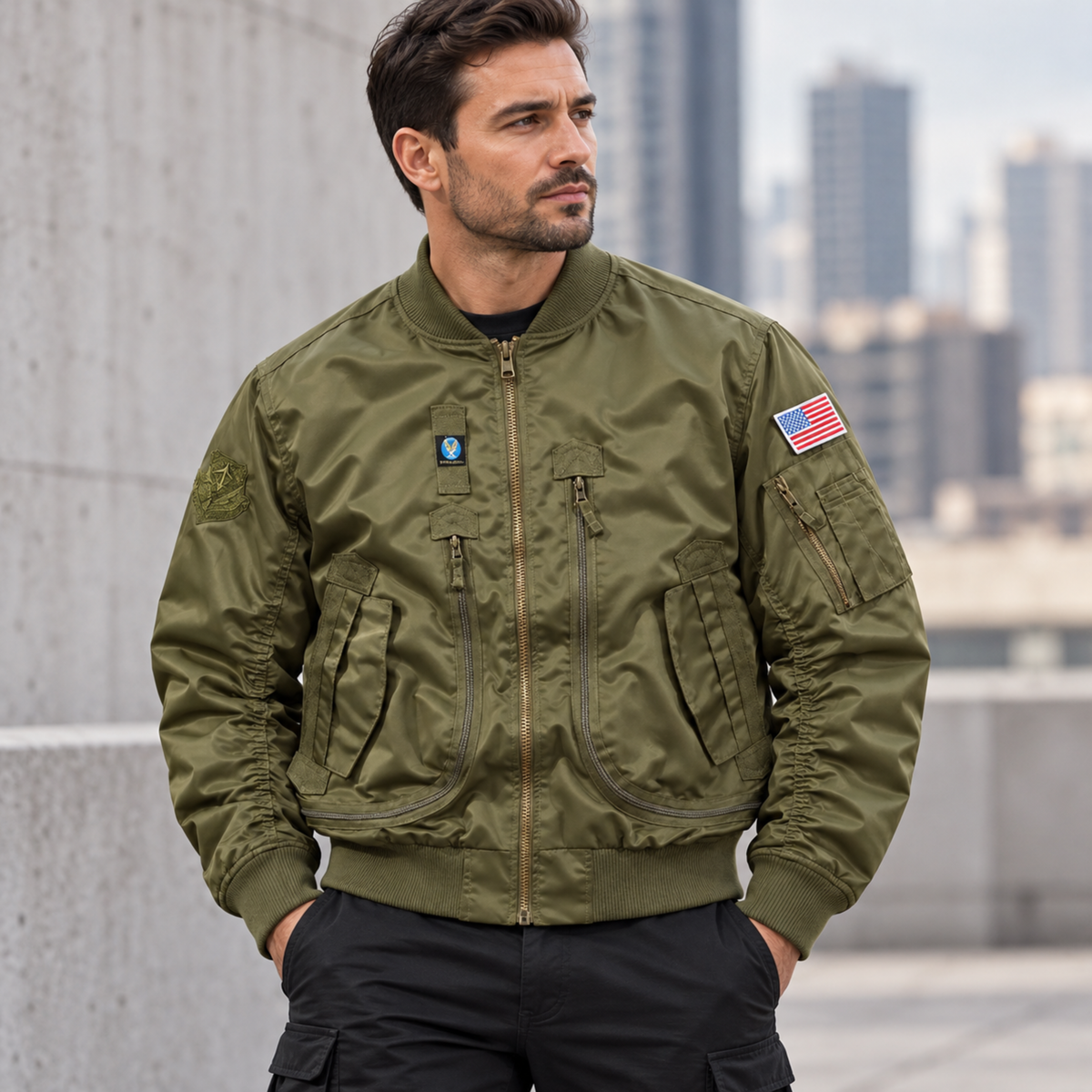 Chaqueta Bomber Hombre — Multibolsillos, Velcro para Parches y Resistente al Agua — Verde