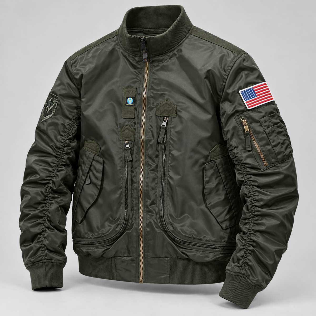 Chaqueta Bomber Hombre — Multibolsillos, Velcro para Parches y Resistente al Agua — Verde Oscuro