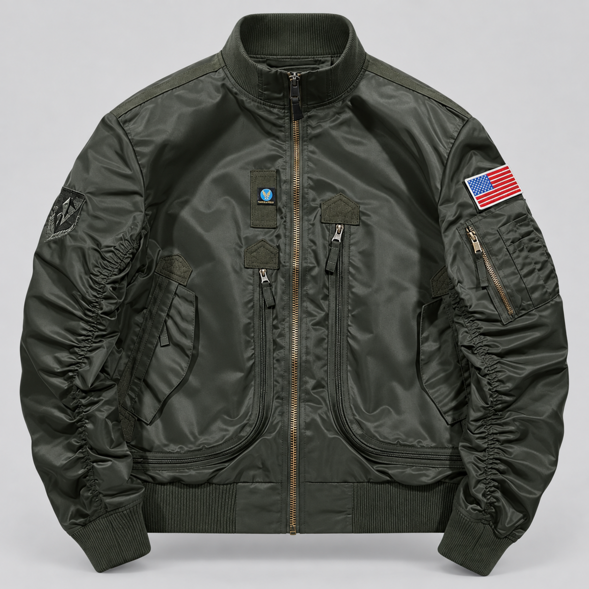 Chaqueta Bomber Hombre — Multibolsillos, Velcro para Parches y Resistente al Agua — Verde Oscuro