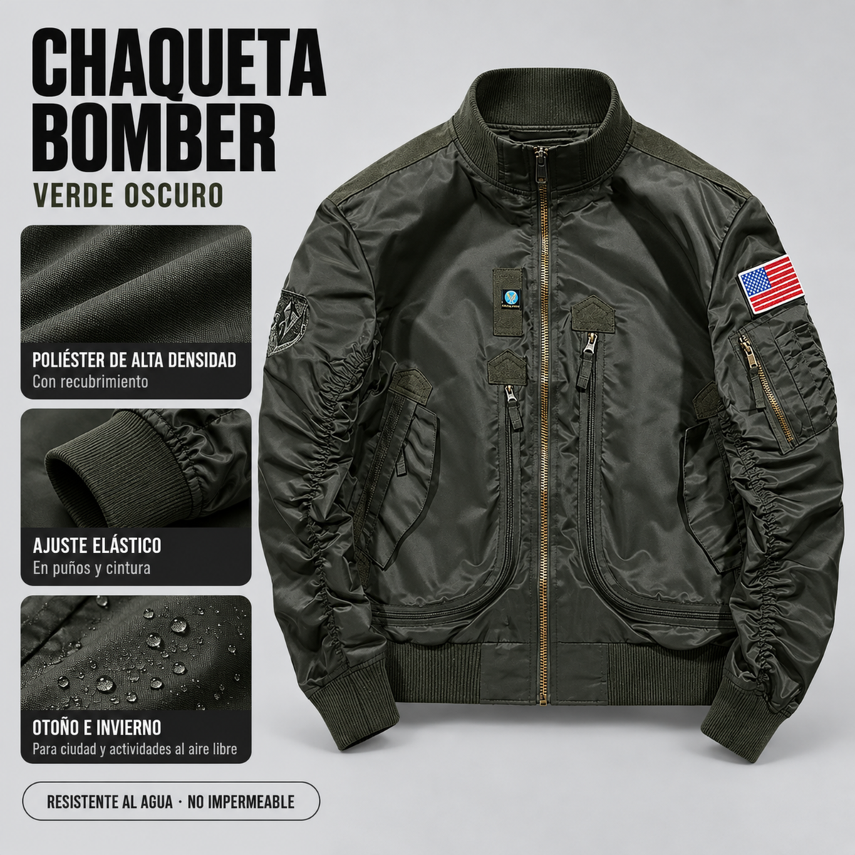 Chaqueta Bomber Hombre — Multibolsillos, Velcro para Parches y Resistente al Agua — Verde Oscuro