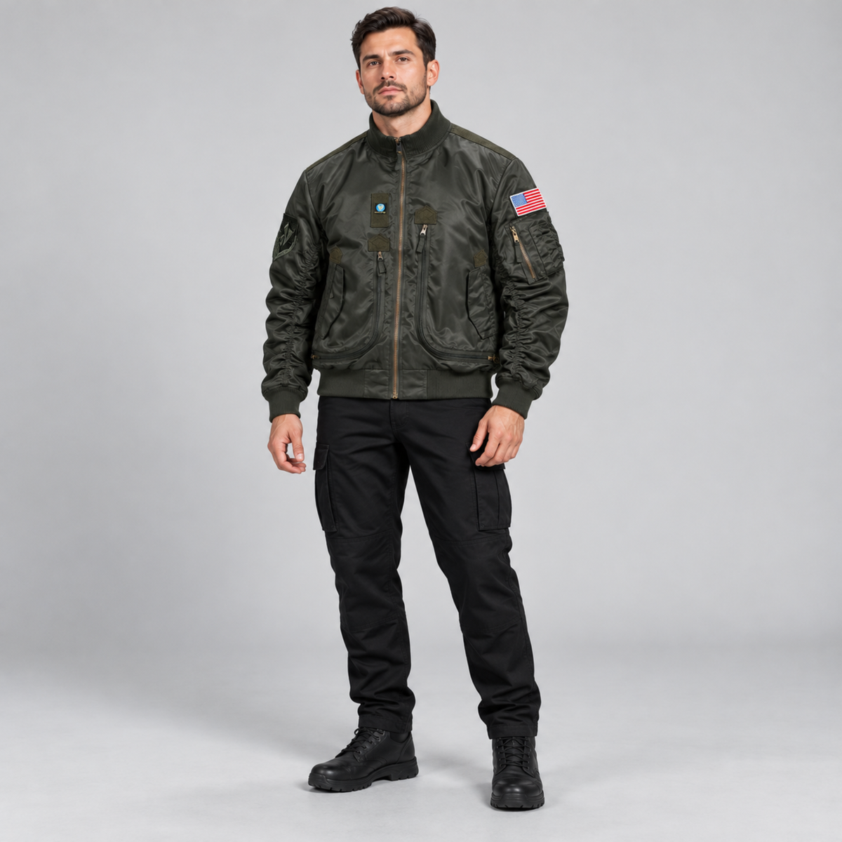 Chaqueta Bomber Hombre — Multibolsillos, Velcro para Parches y Resistente al Agua — Verde Oscuro