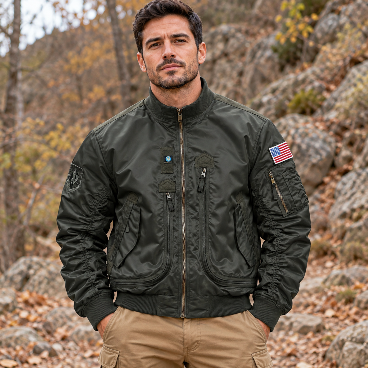 Chaqueta Bomber Hombre — Multibolsillos, Velcro para Parches y Resistente al Agua — Verde Oscuro