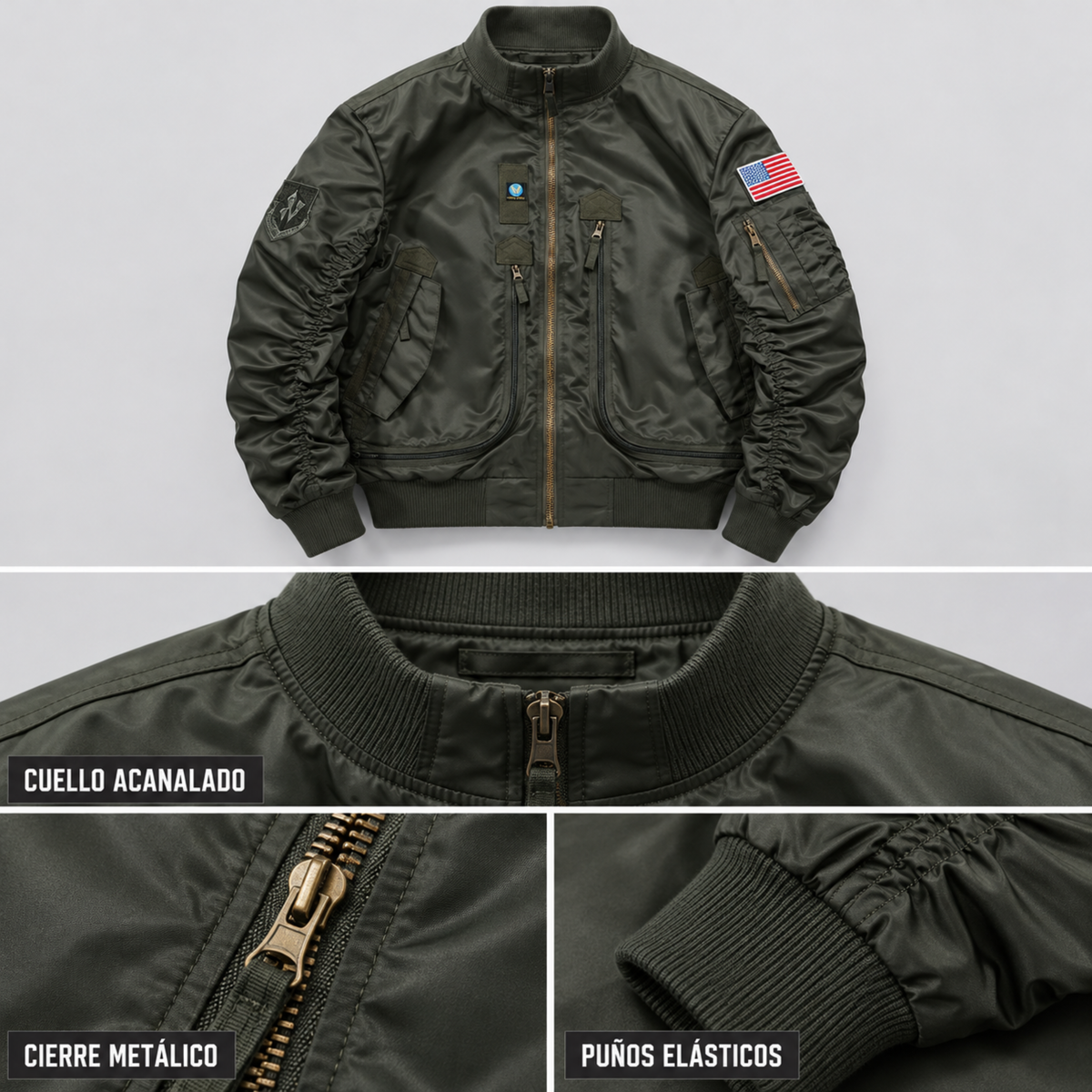Chaqueta Bomber Hombre — Multibolsillos, Velcro para Parches y Resistente al Agua — Verde Oscuro