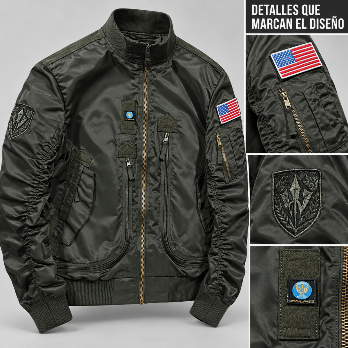 Chaqueta Bomber Hombre — Multibolsillos, Velcro para Parches y Resistente al Agua — Verde Oscuro