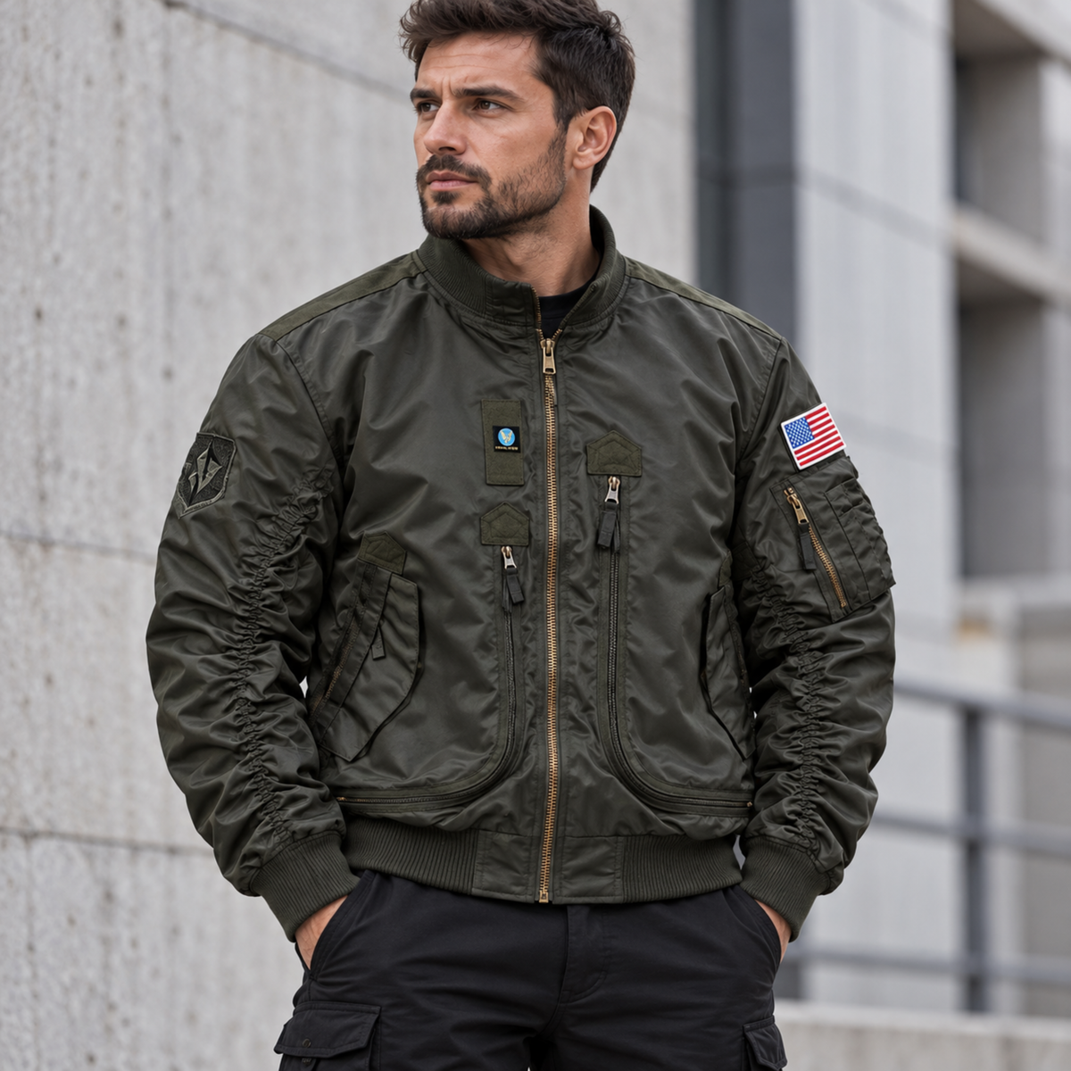 Chaqueta Bomber Hombre — Multibolsillos, Velcro para Parches y Resistente al Agua — Verde Oscuro