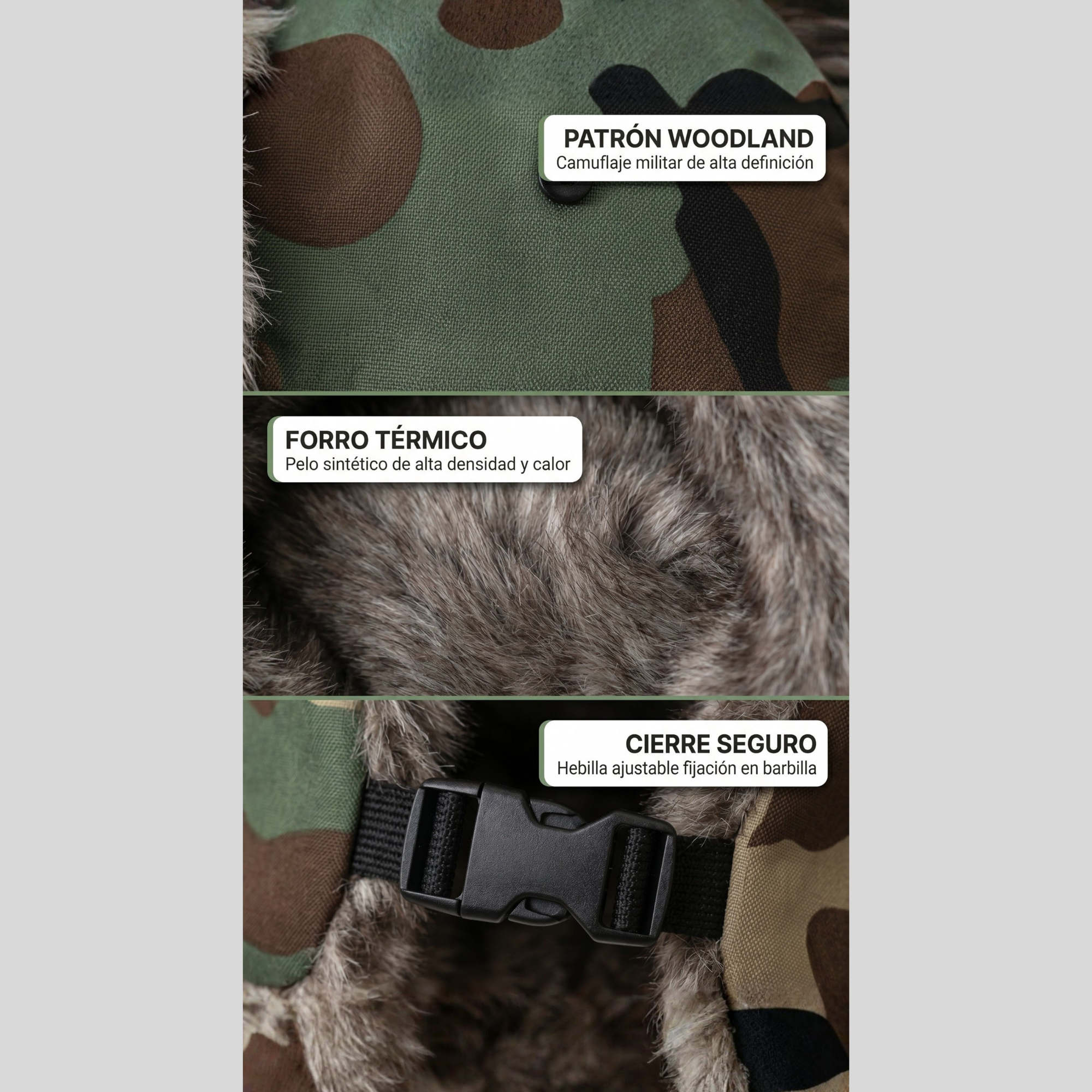Gorro Ruso Ushanka Táctica Woodland - Forro Peludo Cálido