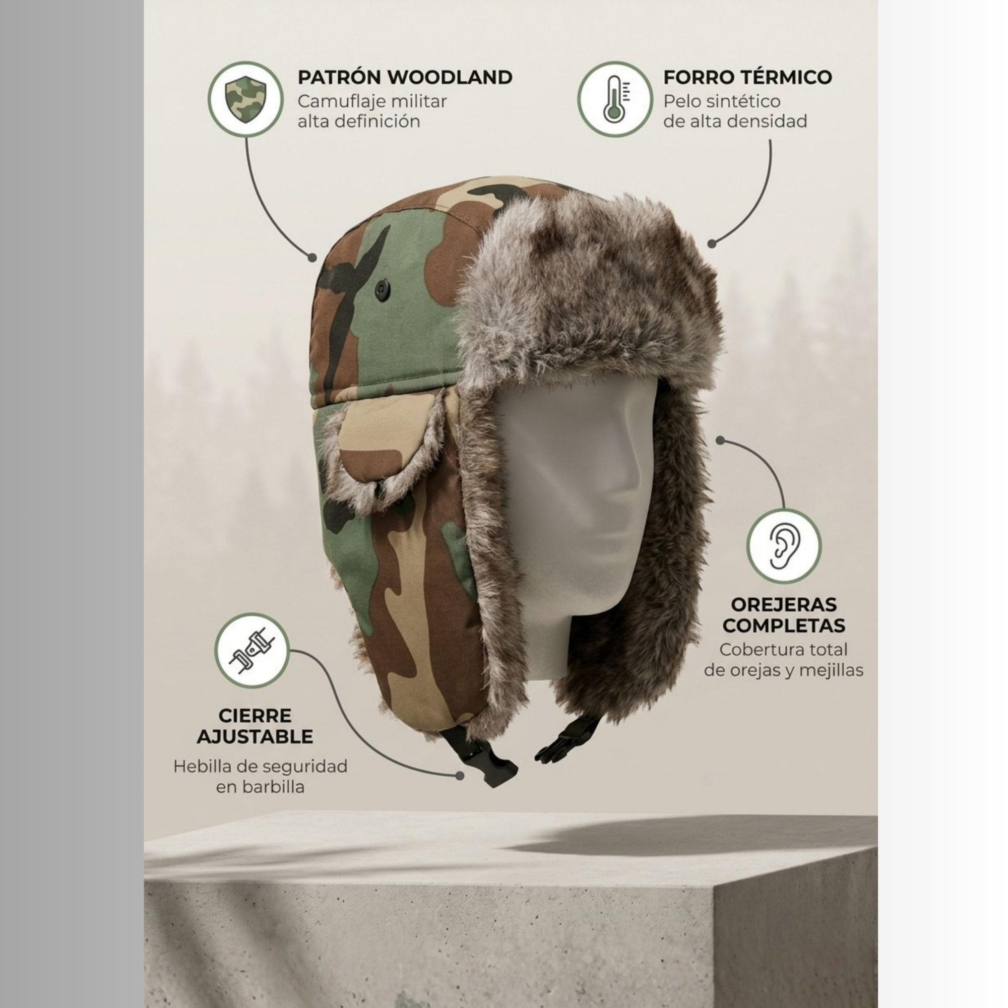 Gorro Ruso Ushanka Táctica Woodland - Forro Peludo Cálido