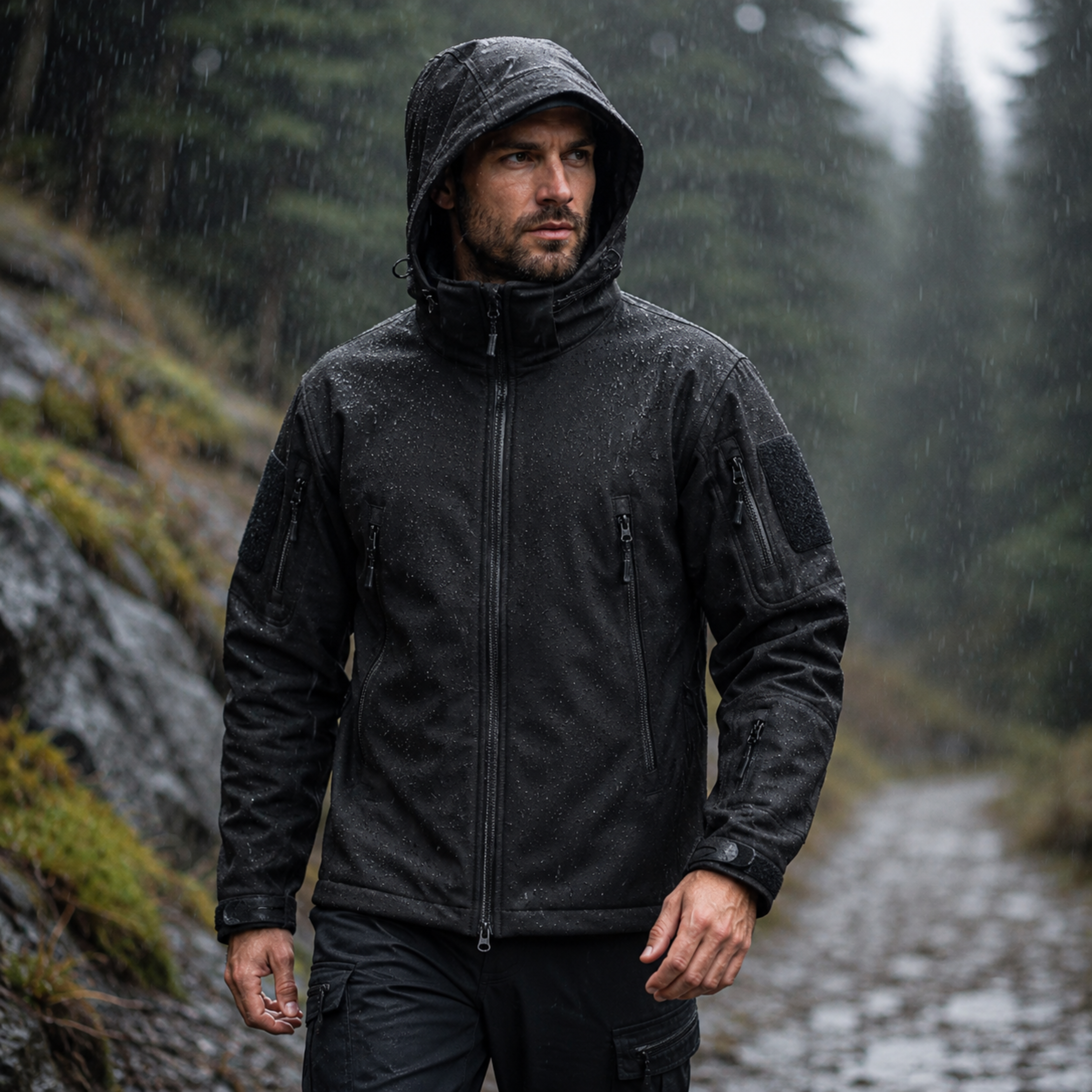 Chaqueta Táctica Softshell Negra Impermeable | ESDY