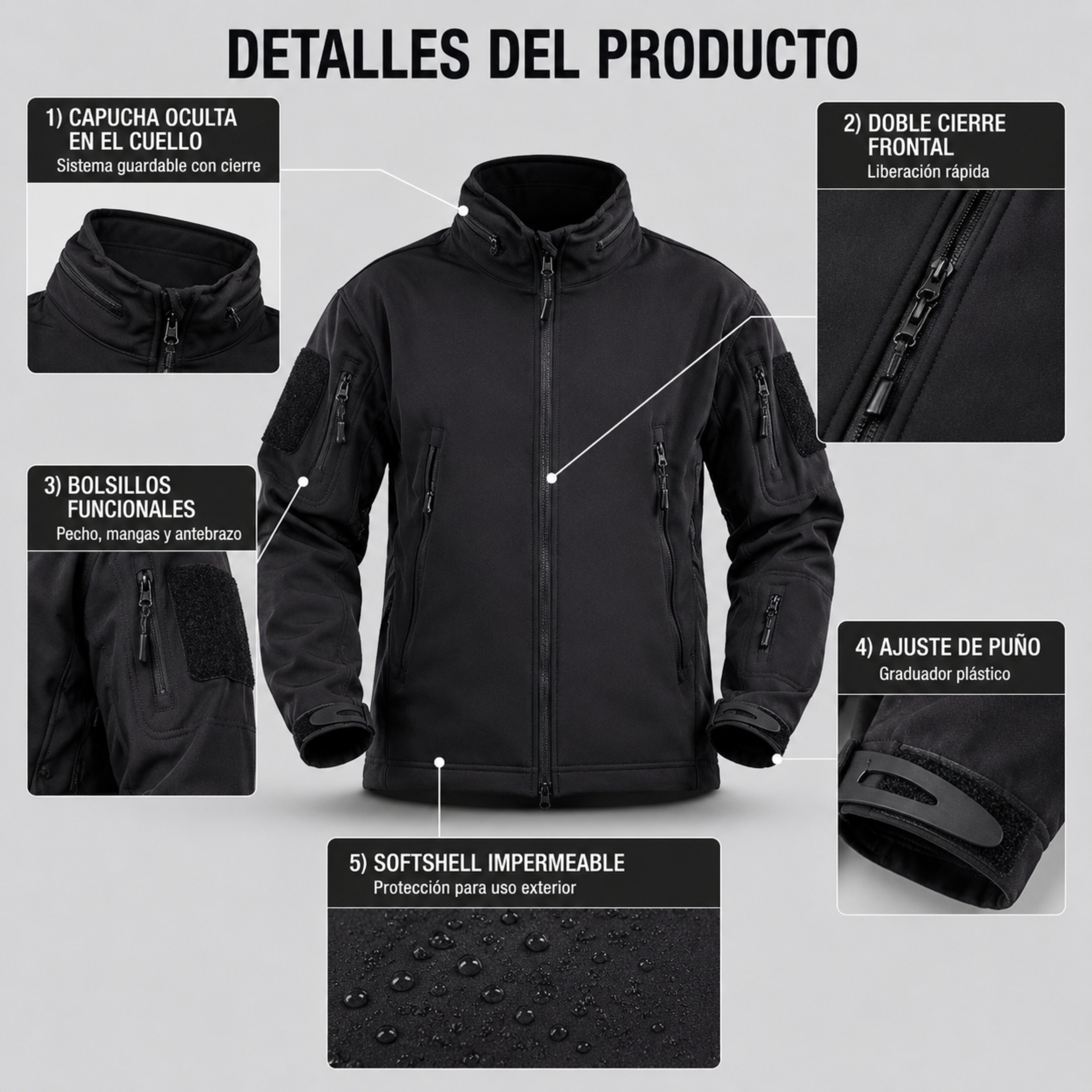 Chaqueta Táctica Softshell Negra Impermeable | ESDY