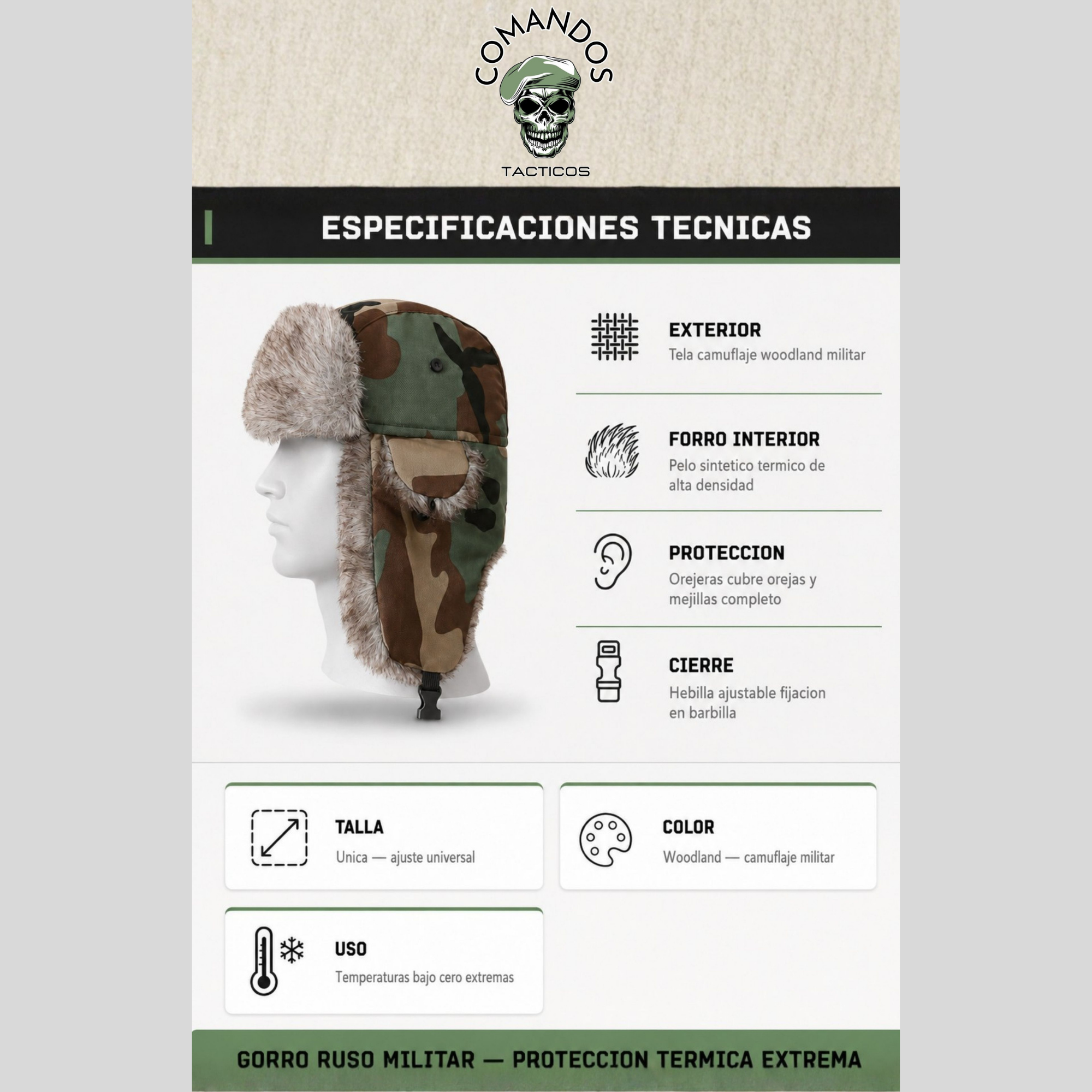 Gorro Ruso Ushanka Táctica Woodland - Forro Peludo Cálido
