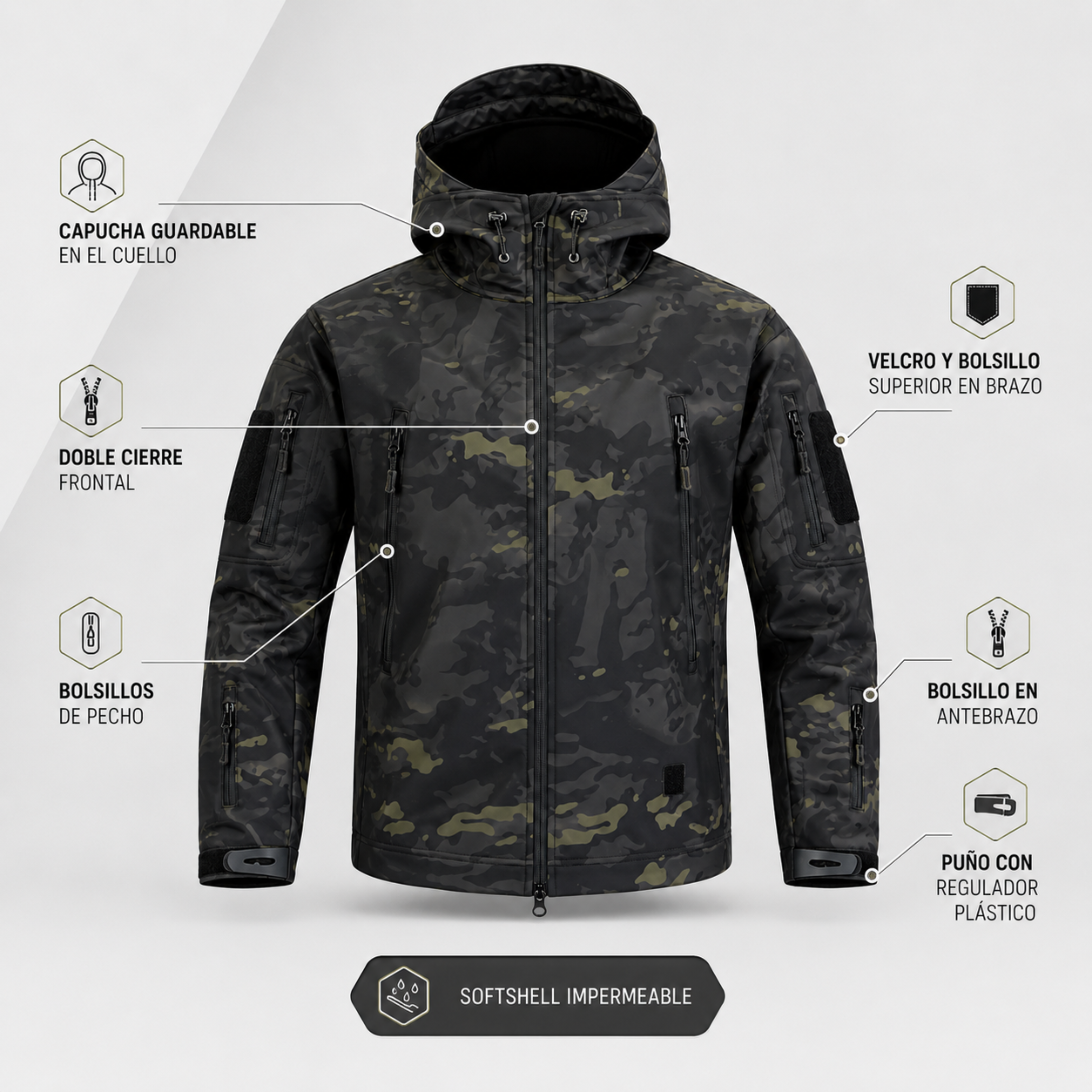Chaqueta Táctica Militar Softshell Impermeable – Resistente y Funcional